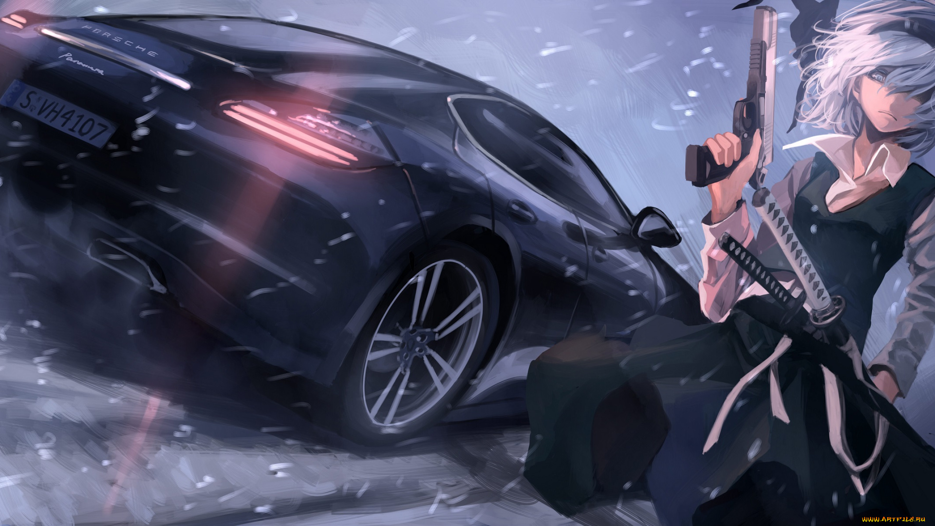 аниме, touhou, terabyte, снег, машина, техника, konpaku, youmu, бант, катана, меч, пистолет, оружие, девушка, вьюга, rook777