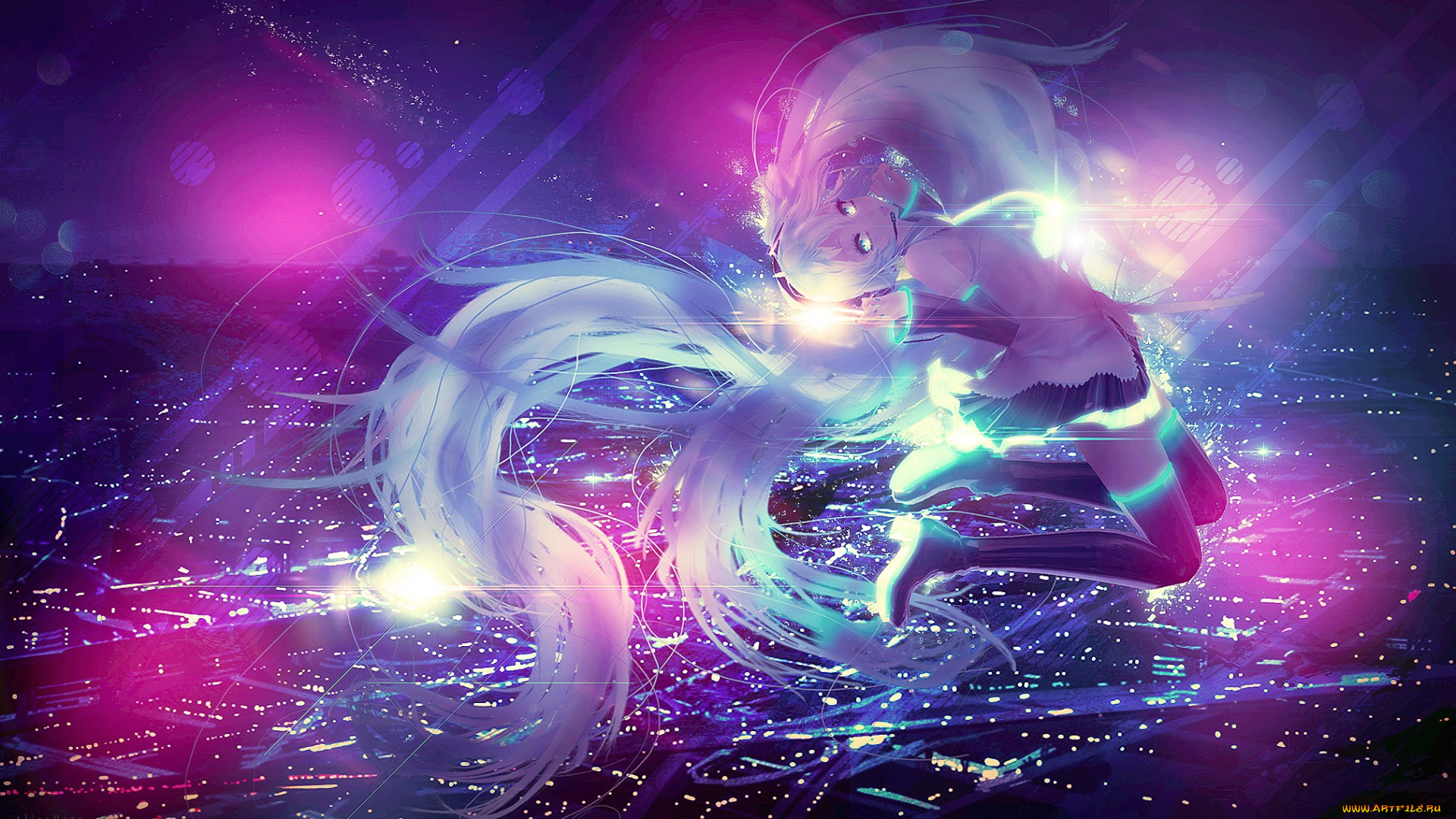 аниме, vocaloid, огни, свет, девушка, арт, alicehato, hatsune, miku, город, ночь