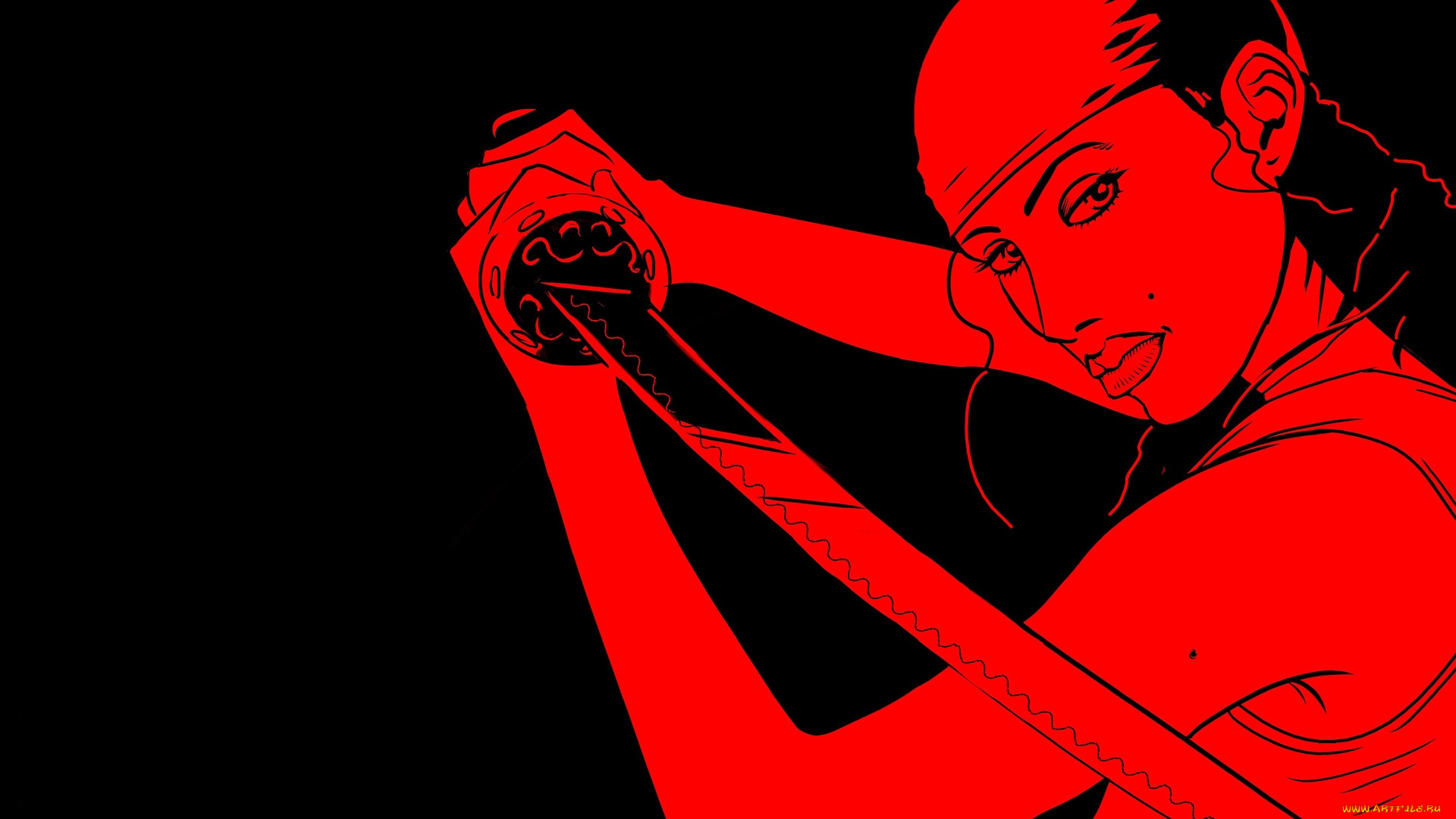 рисованное, минимализм, девушка, фон, меч, взгляд