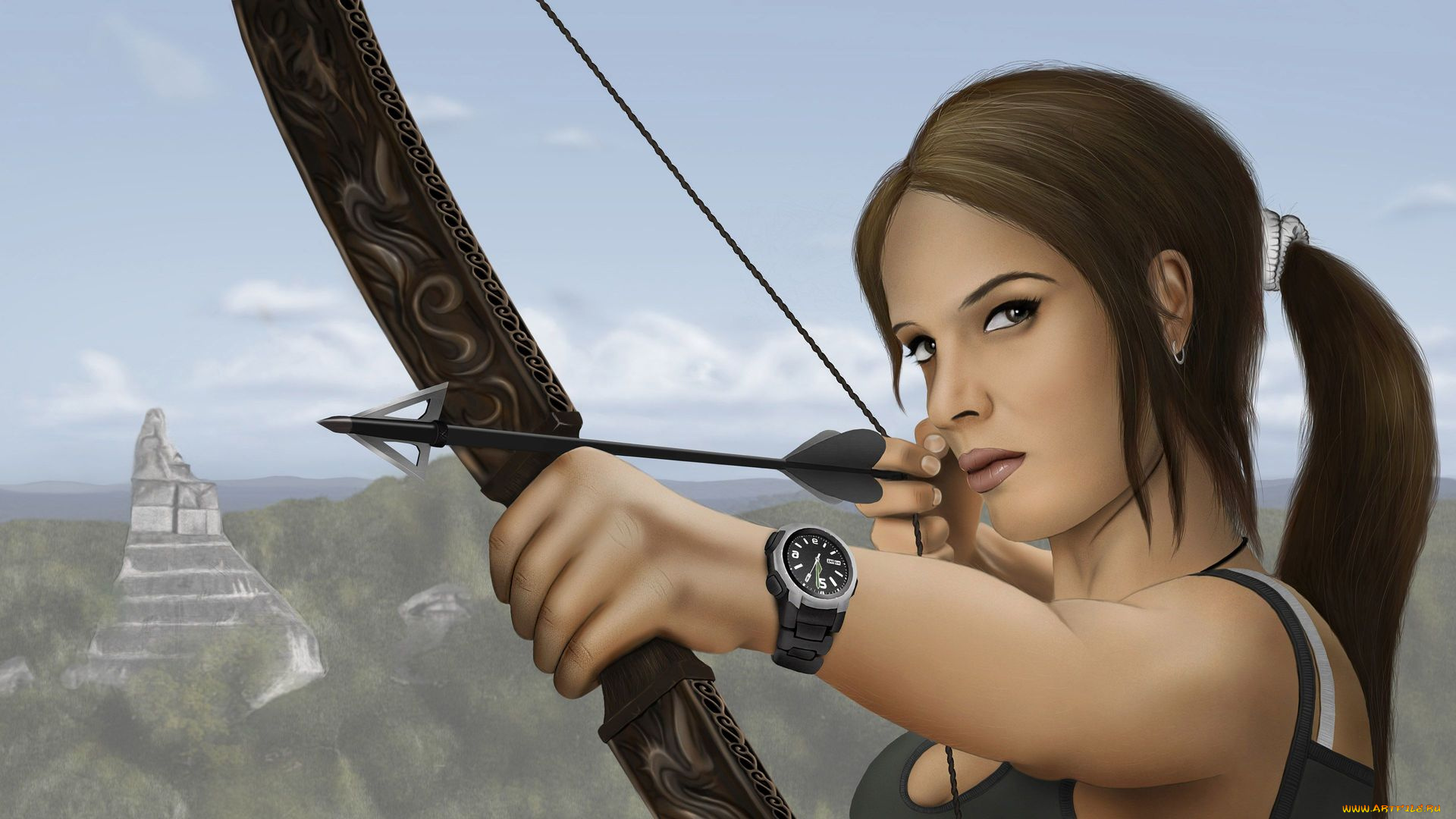 видео, игры, lara, croft, tomb, raider, , anniversary, лук, фон, взгляд, девушка