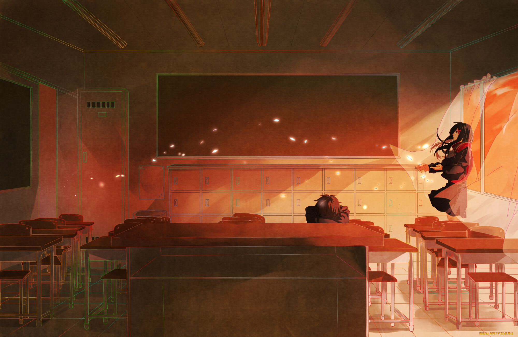 аниме, kagerou, project, tateyama, ayano, keshitsubu, арт, класс, парты, стены, окно, занавески, парень, девушка, плачет, слёзы, грусть, kisaragi, shintaro, kagerou, project