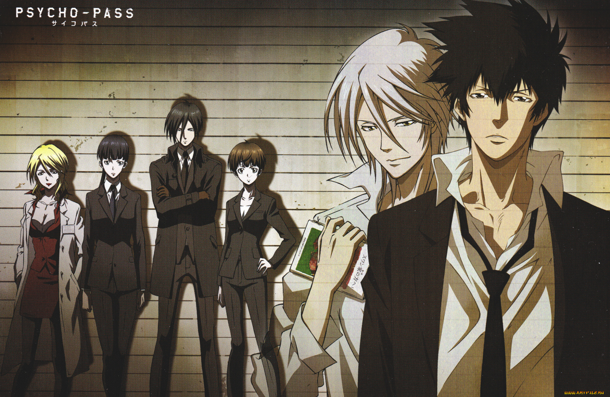 аниме, psycho-pass, костюм, халат, стена, галстук, shougo, makishima, ginoza, nobuchika, shinya, kougami, akane