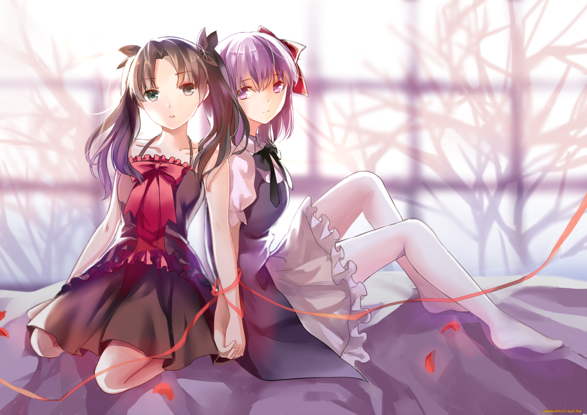 аниме, fate, stay, night, elise, piclic, девушки, лепестки, stay, night, matou, sakura, tohsaka, rin, красная, лента