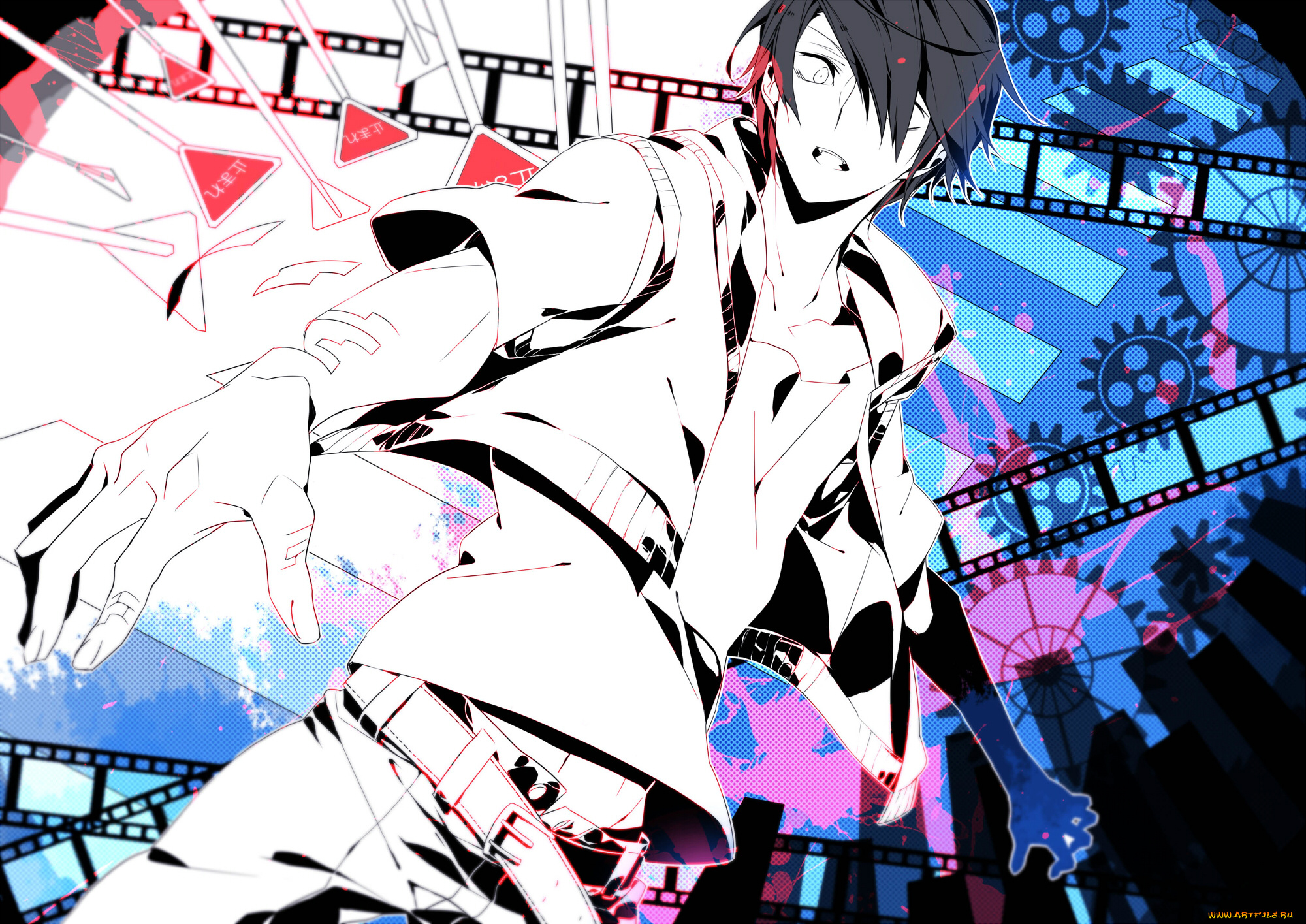 аниме, kagerou, project, amamiya, hibiya, шестирёнки, tanitsu, itta, vocaloid, kagerou, project, абстракция, знаки, кинолента, парень, арт