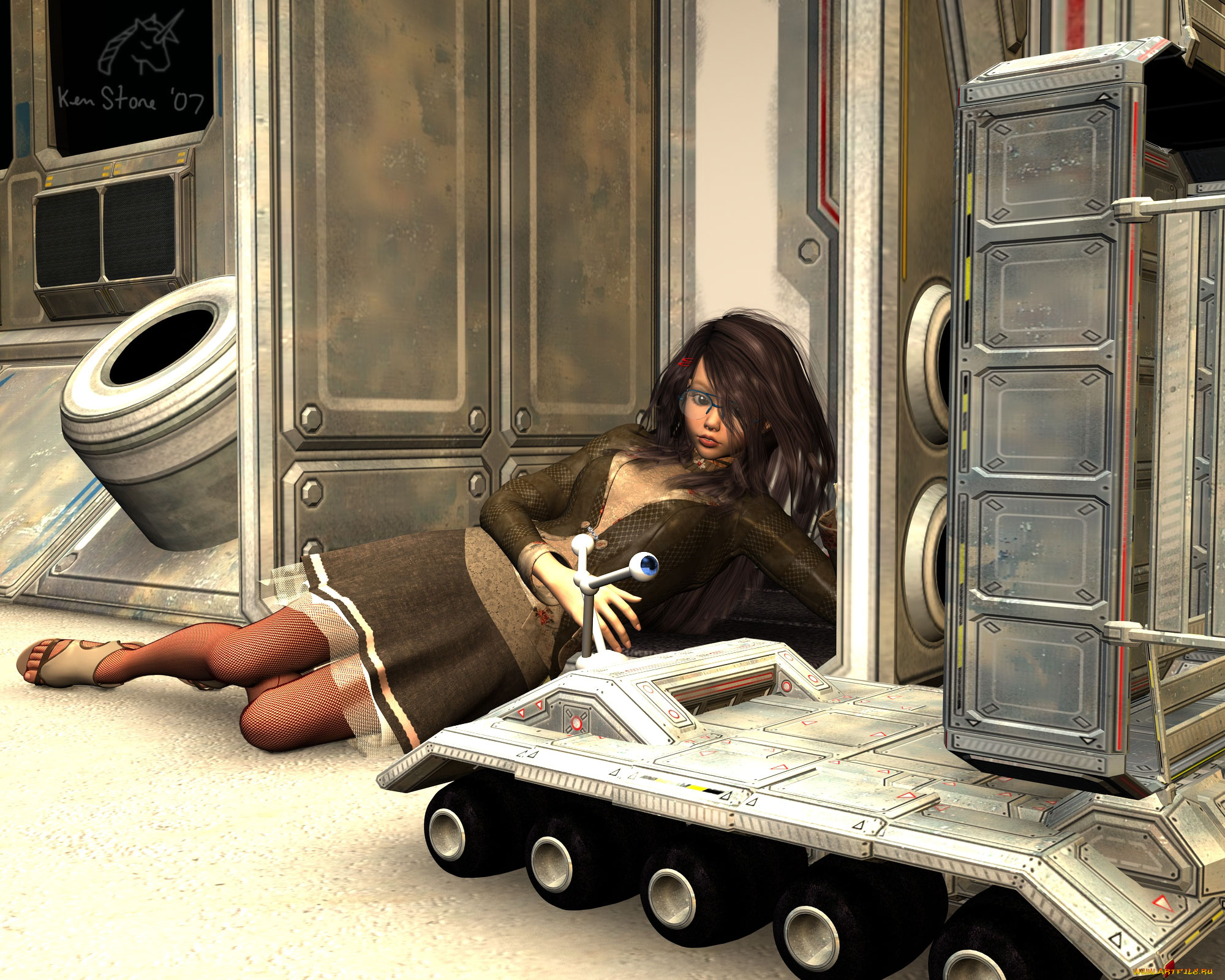 3д, графика, фантазия, , fantasy, девушка, взгляд, робот, фон