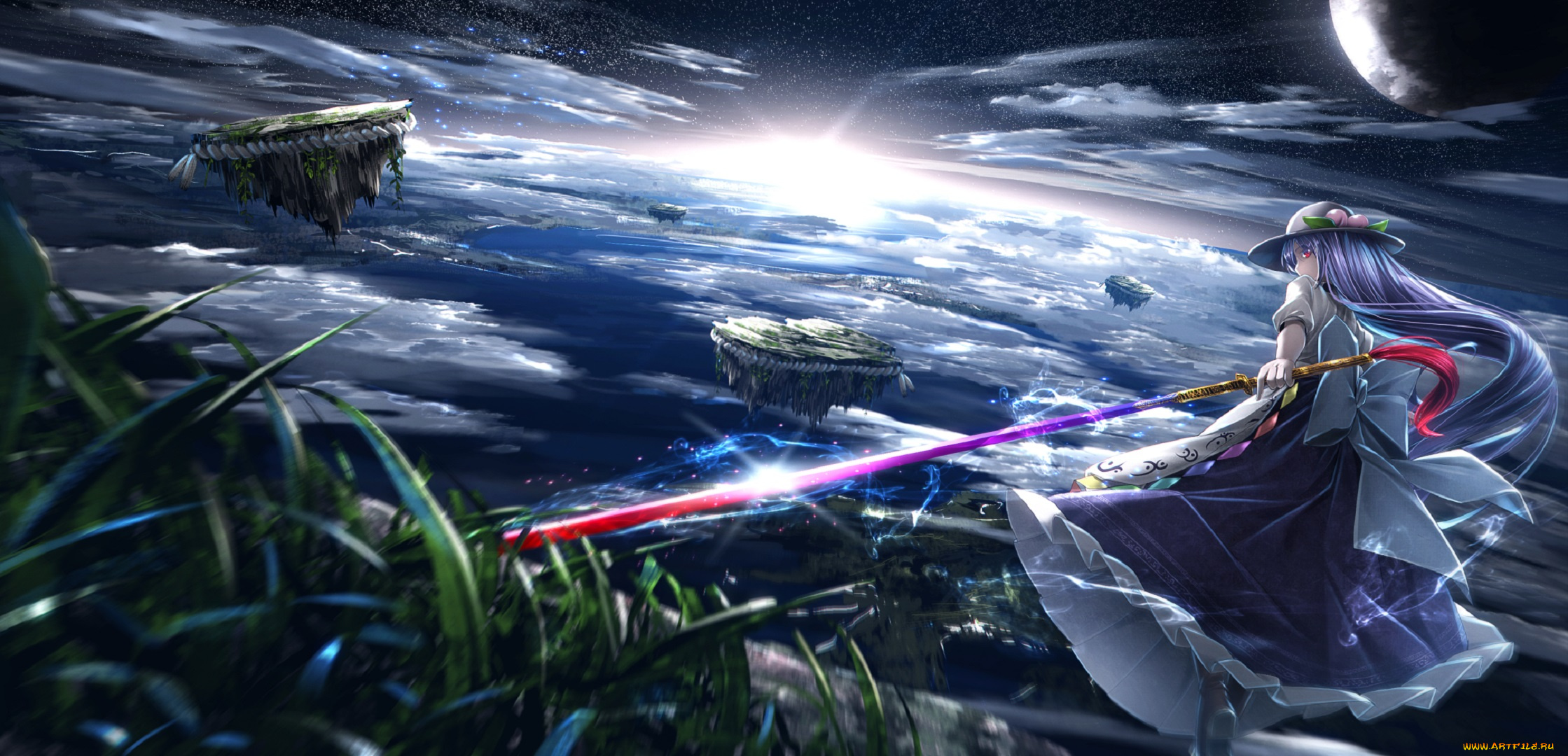 аниме, touhou, арт, небо, звёзды, облака, острова, тоухоу, девушка