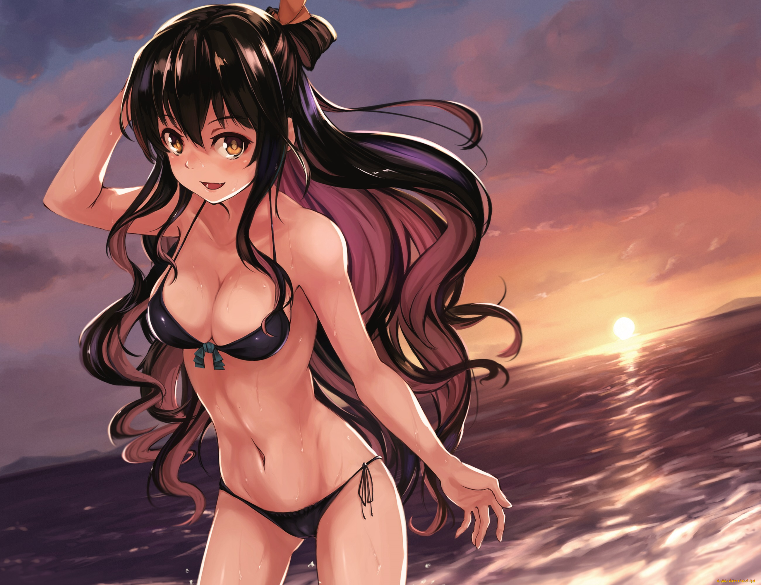 аниме, kantai, collection, небо, закат, купальник, пляж, kantai, collection, maki, pei, солнце, облака, девушка, арт, море, kancolle, naganami