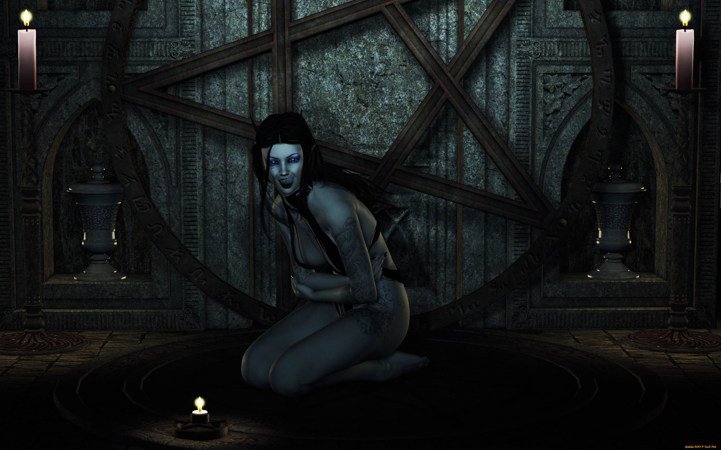 3д, графика, существа, , creatures, фон, свечи, взгляд, эльфийка