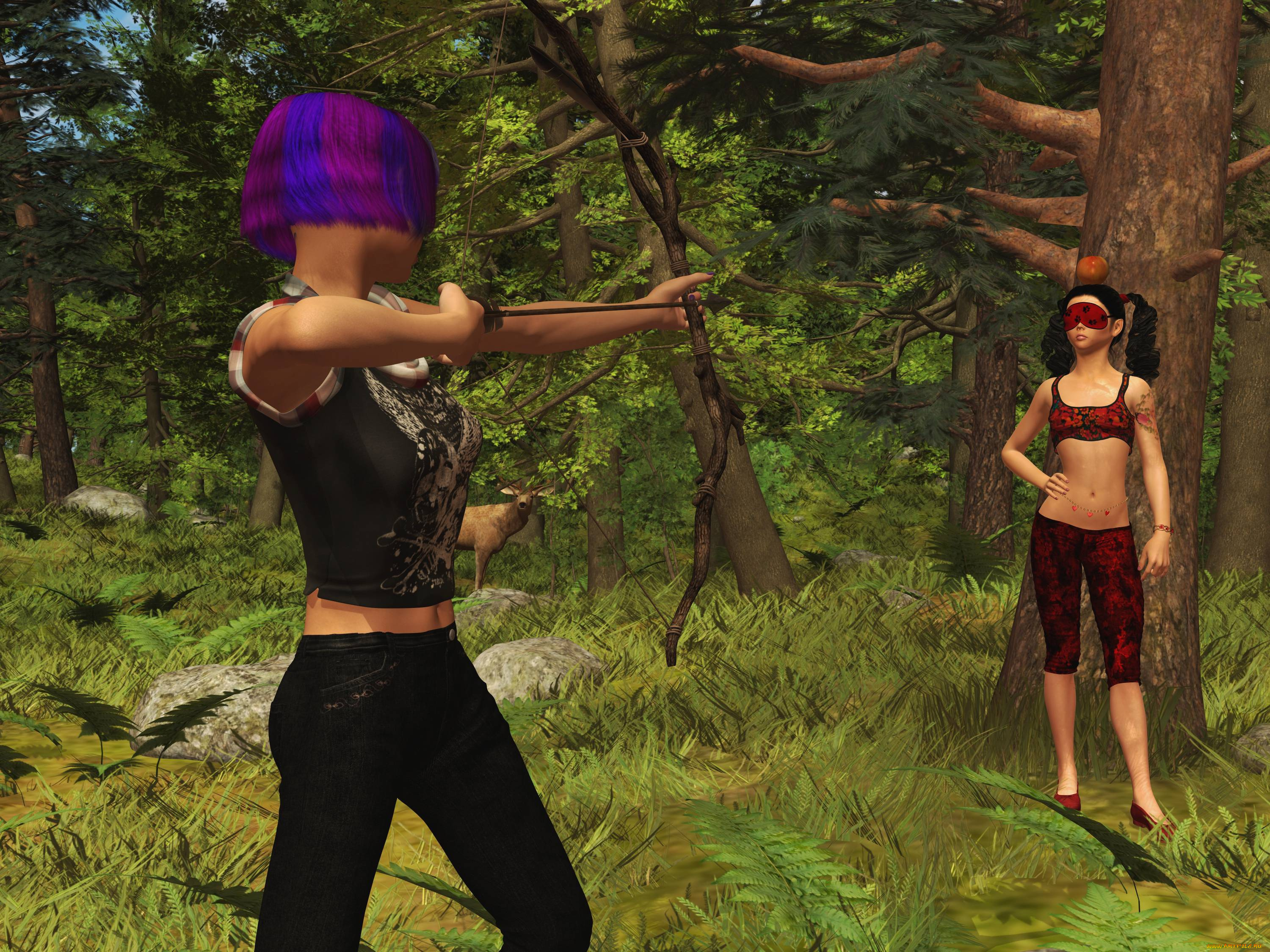 3д, графика, люди, , people, взгляд, девушки, олень, лук, трава, лес, фон