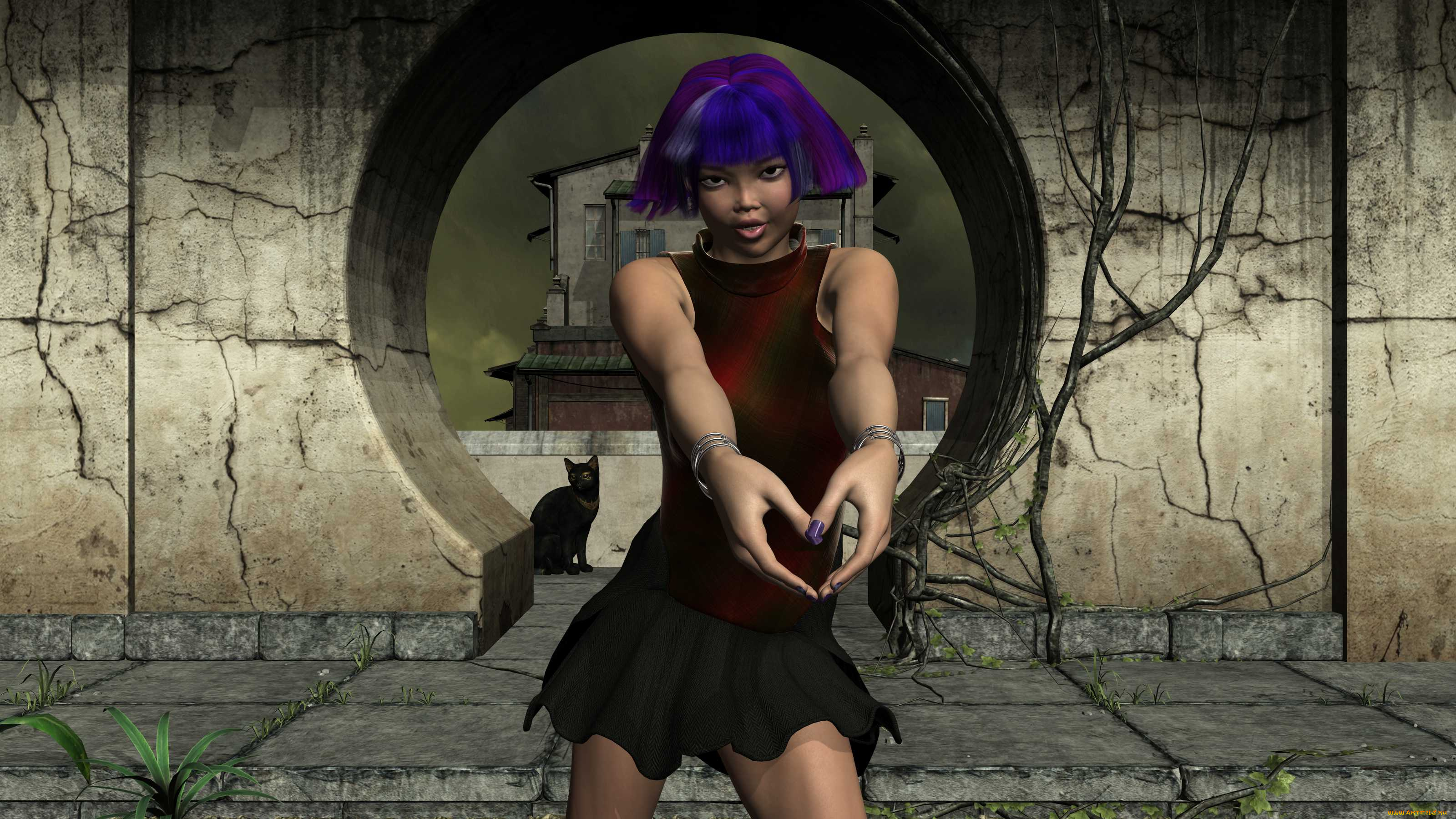 3д, графика, люди, , people, фон, взгляд, девушка, кот