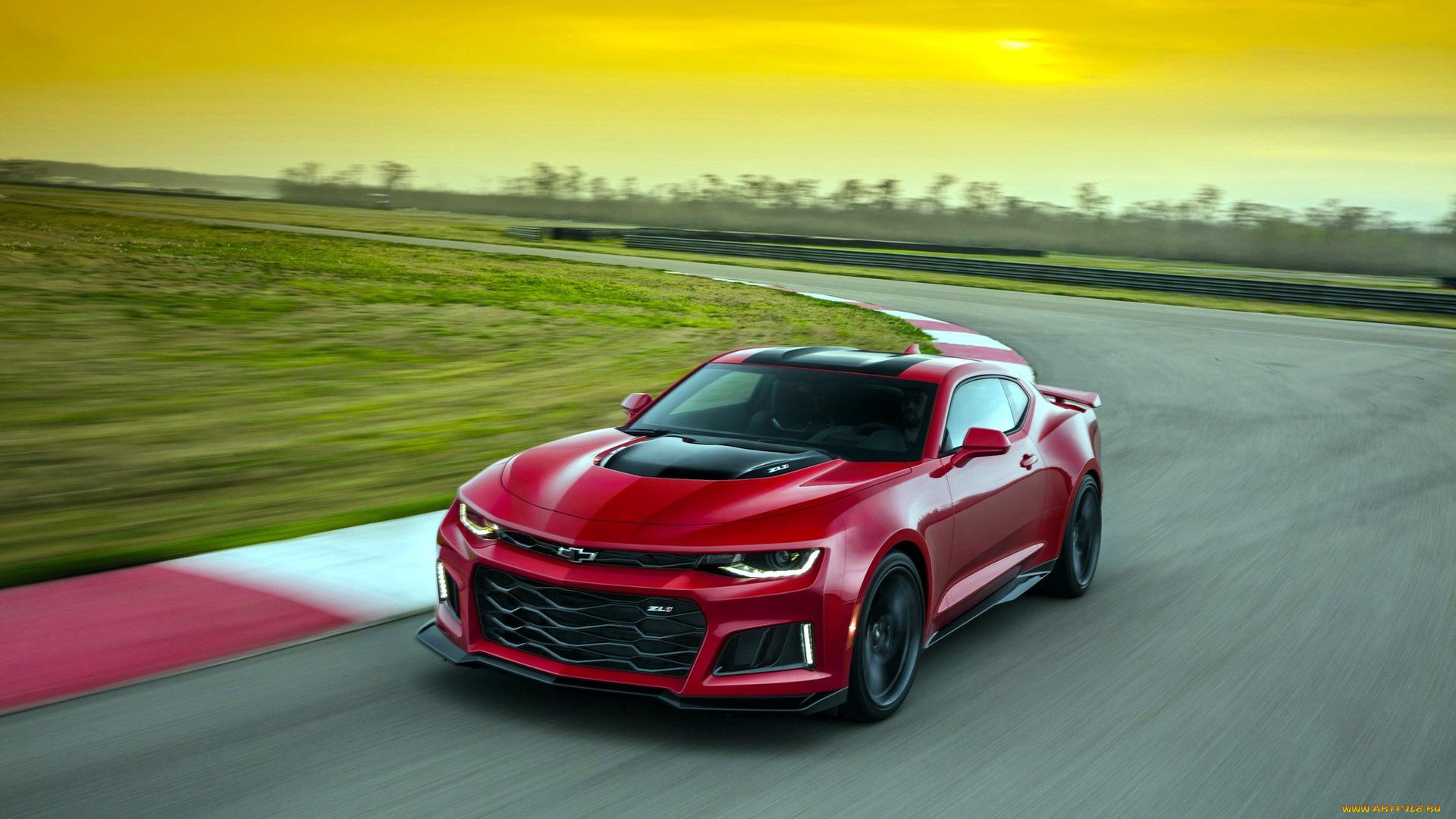 автомобили, camaro, шевроле, поворот, трасса, шоссе, дорога, скорость, красный, камаро