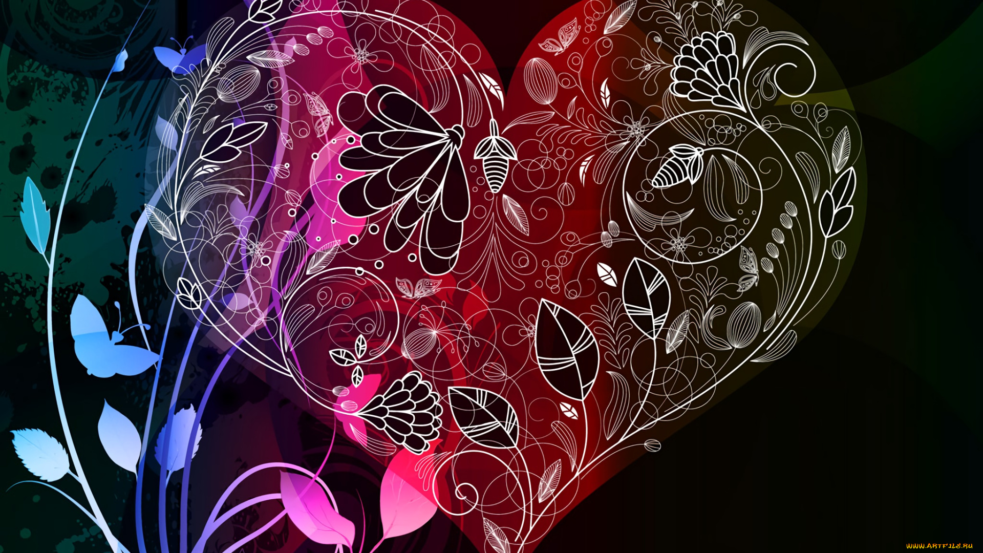 векторная, графика, цветы, , flowers, сердечко, бабочки, цветы