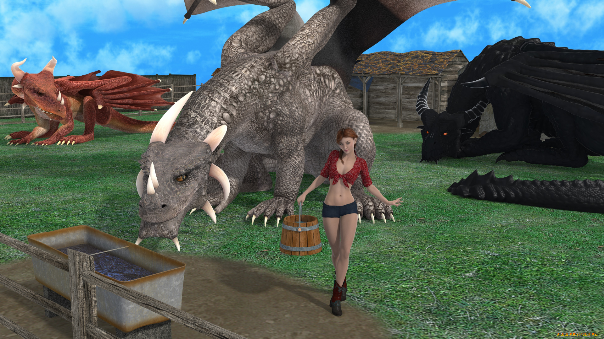 3д, графика, фантазия, , fantasy, девушка, взгляд, фон, дракон