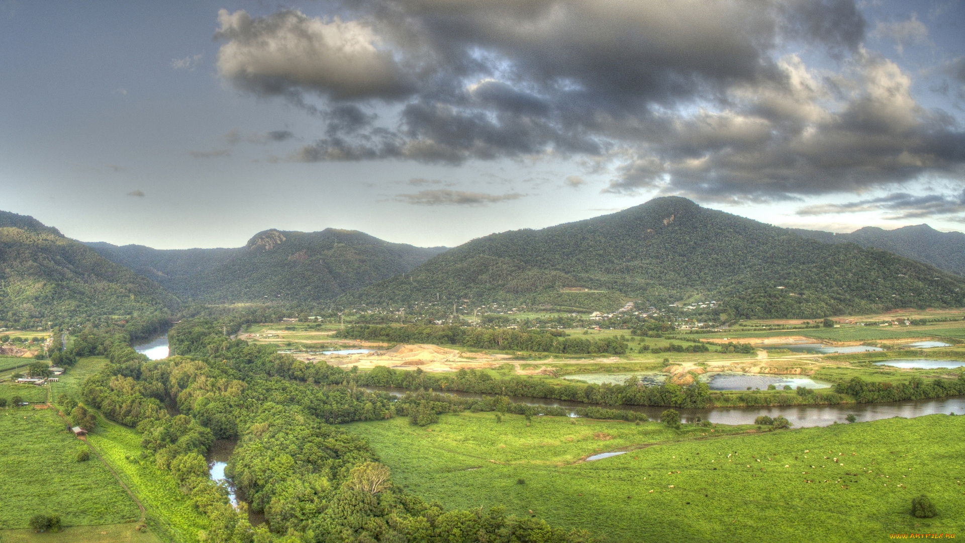 австралия, природа, горы, облака, трава, водоем, деревья