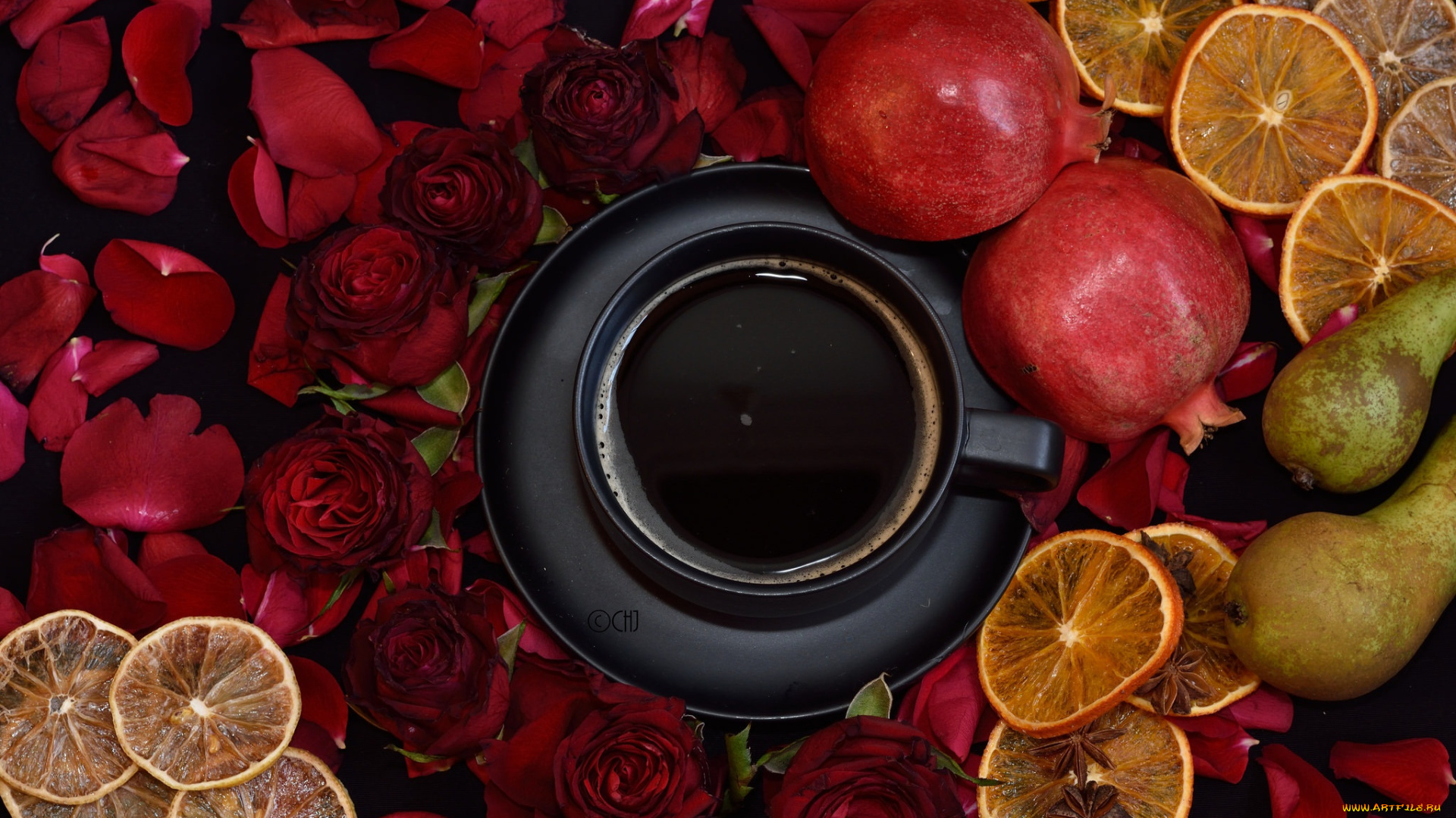 еда, кофе, , кофейные, зёрна, розы, гранат, груши, лимон, лепестки