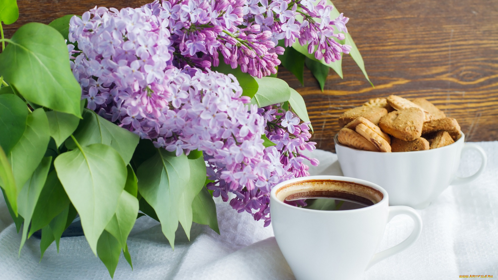 еда, напитки, , Чай, печенье, скатерть, чашка, сирень