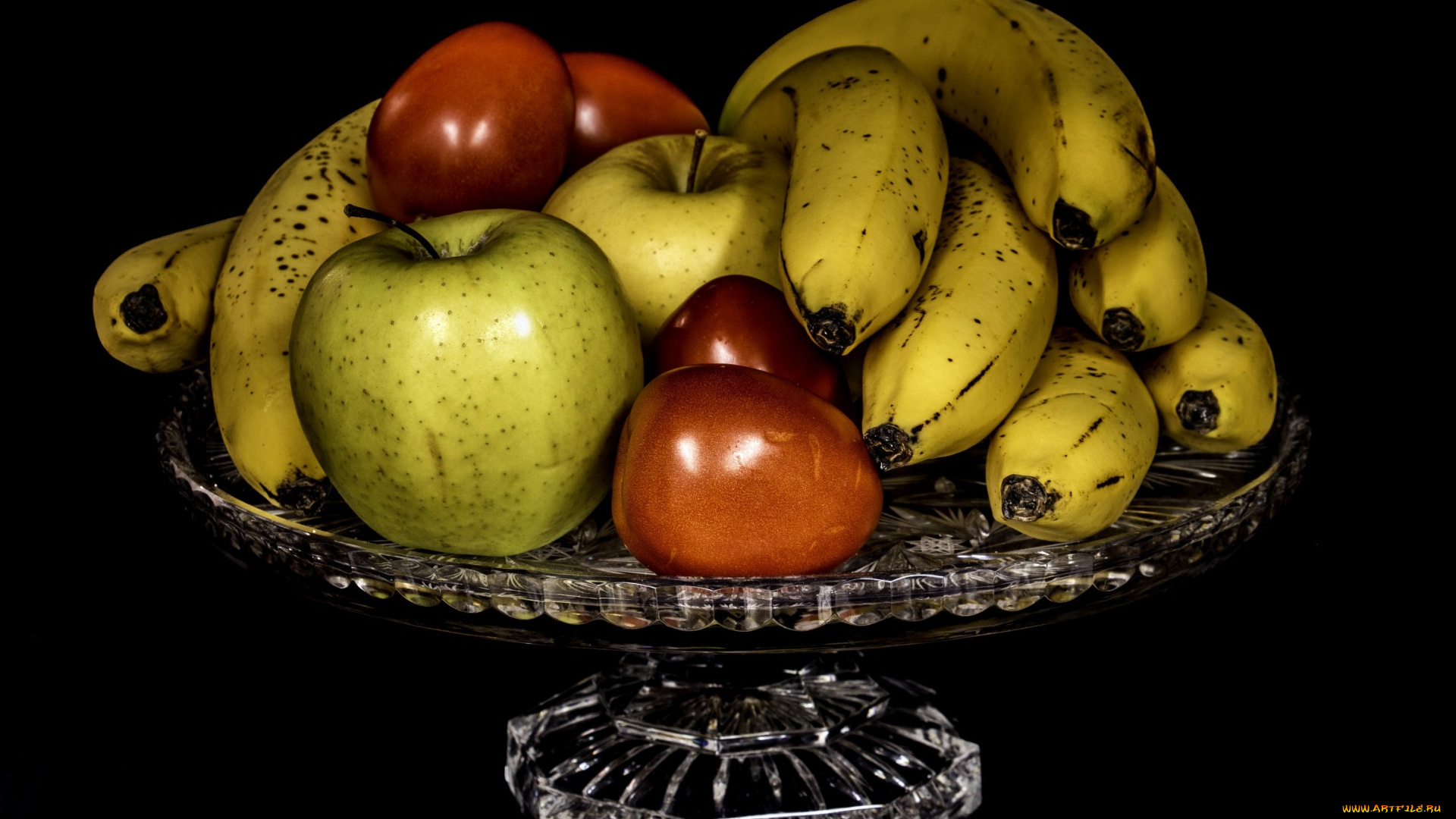еда, натюрморт, черный, фон, яблоки, бананы