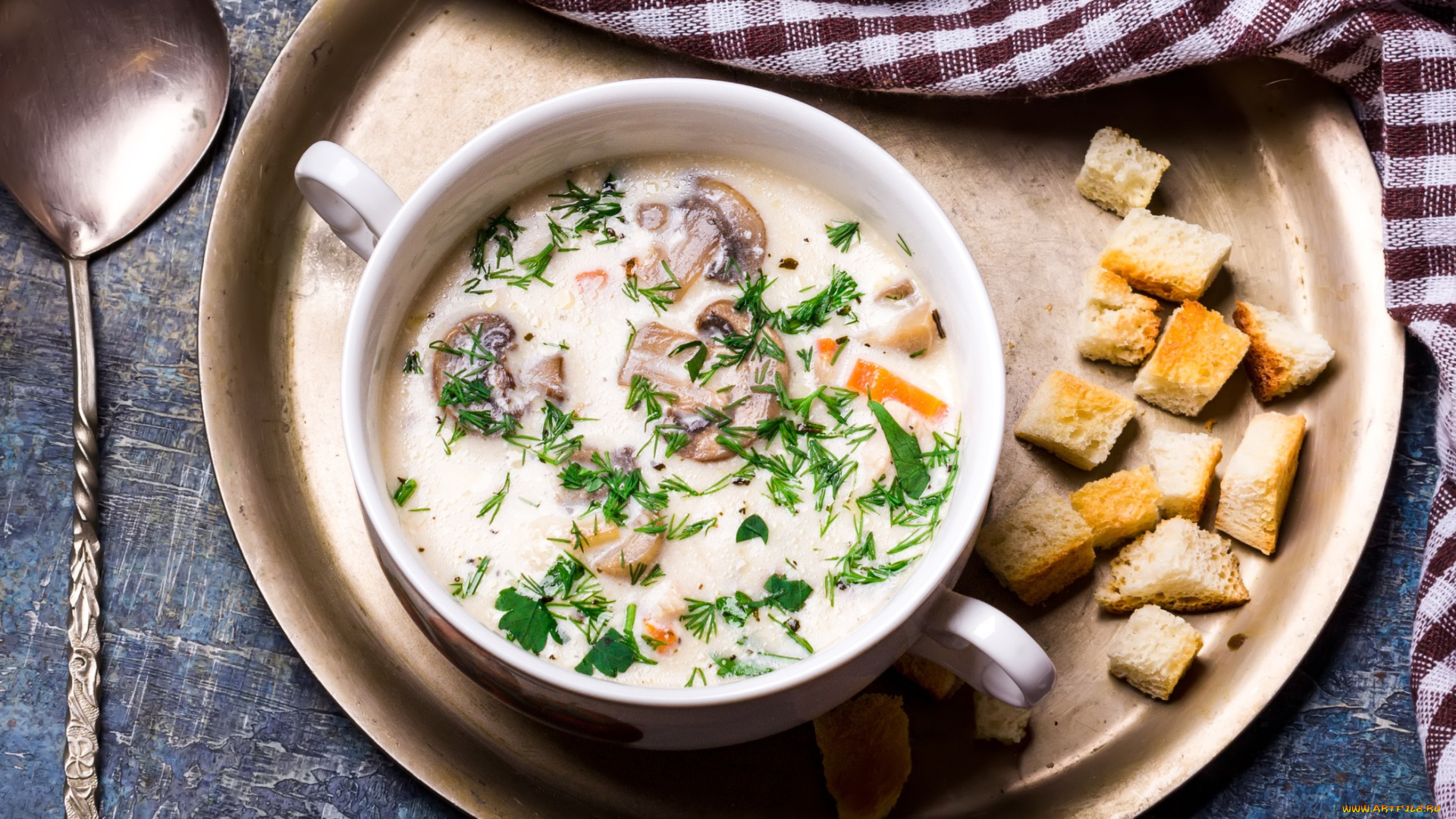 еда, первые, блюда, крутоны, грибы, зелень, сырный, суп