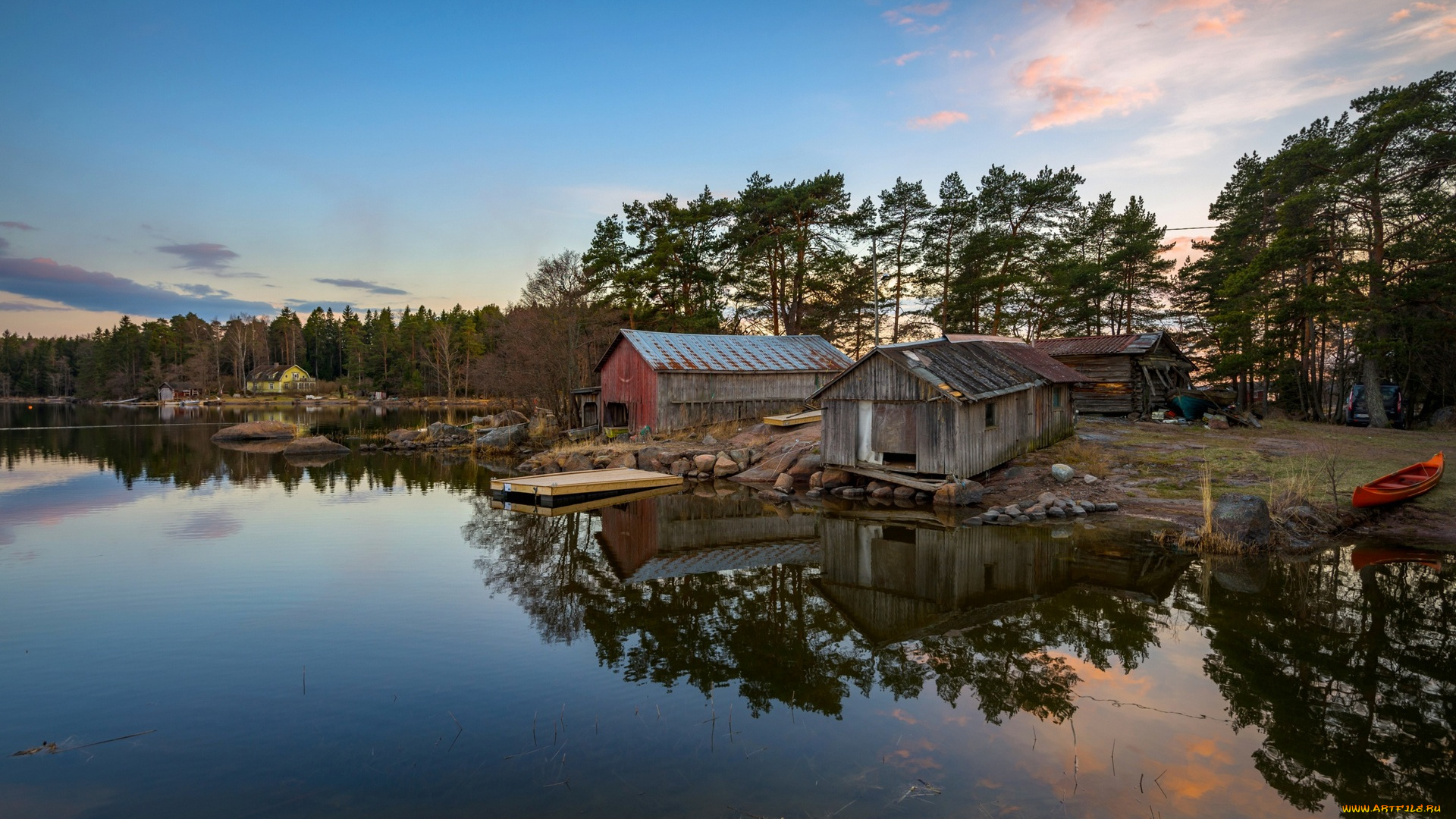 финляндия, города, -, пейзажи, деревья, лодка, постройки, водоем