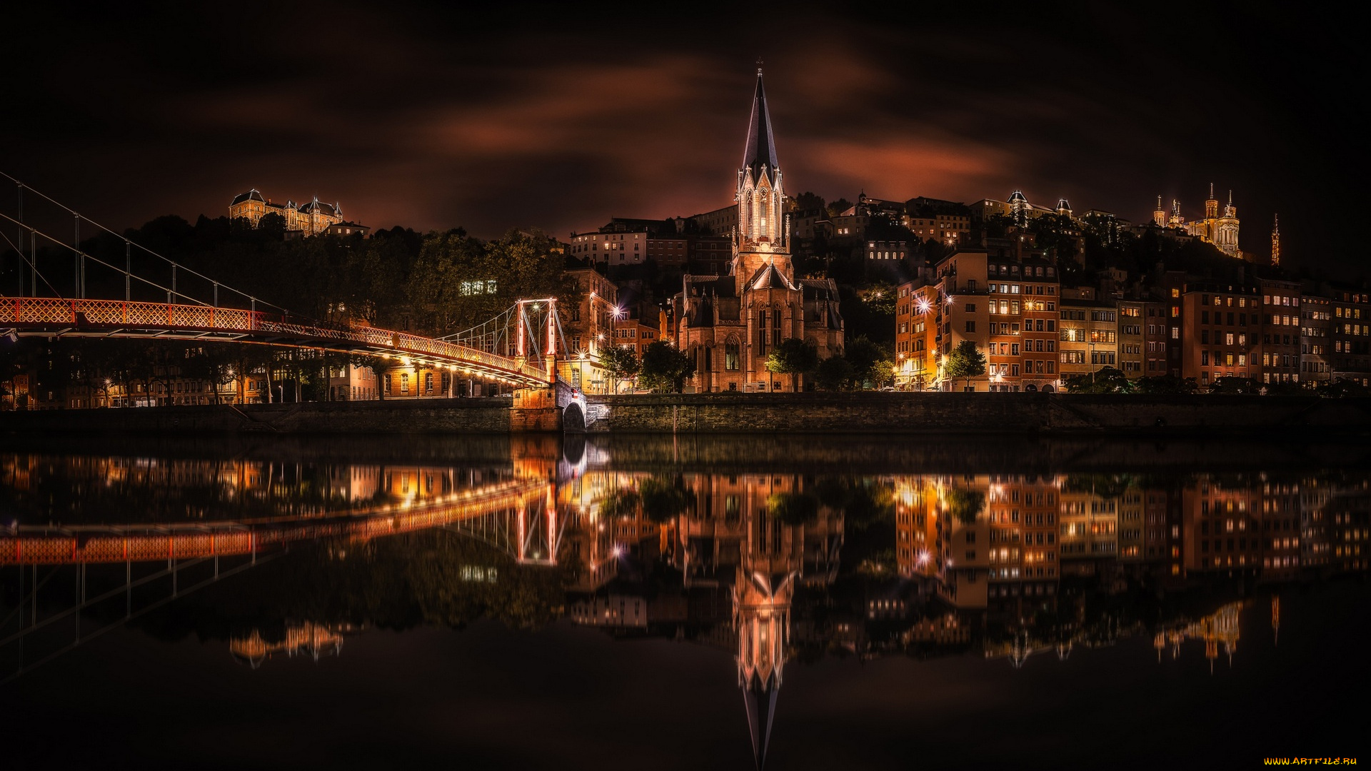 франция, города, -, огни, ночного, города, здания, мост, река, отражение