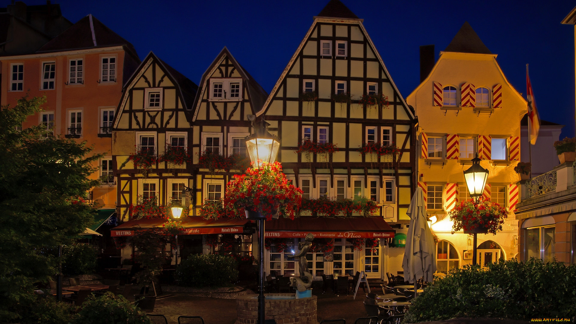 германия, города, -, огни, ночного, города, фонари, дома, цветы, деревья