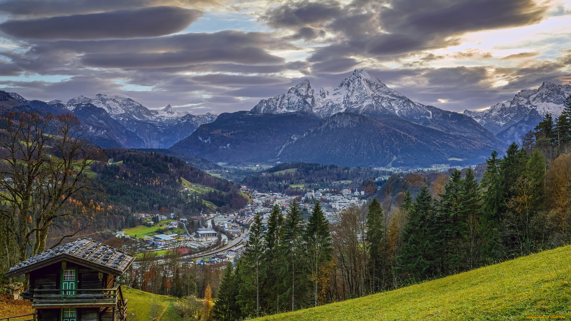 германия, природа, горы, трава, деревья, постройка, облака