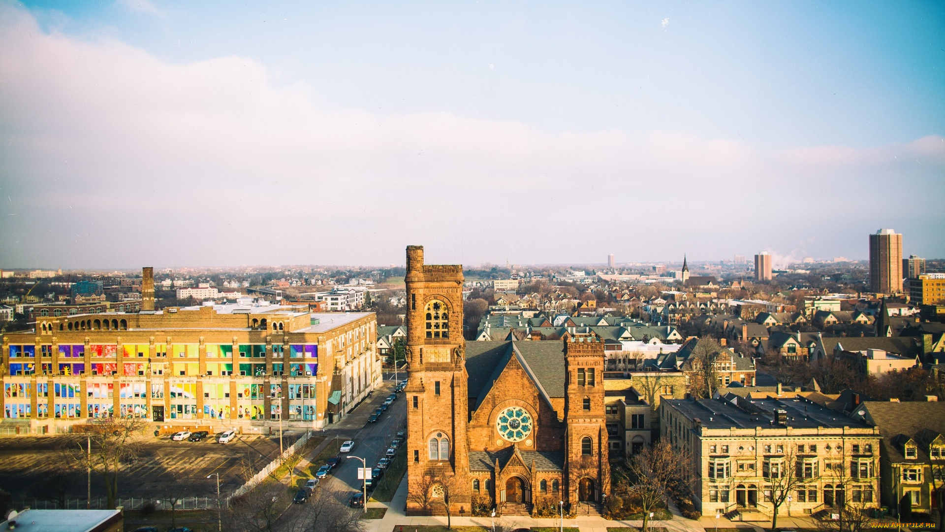 города, -, панорамы, машины, здания