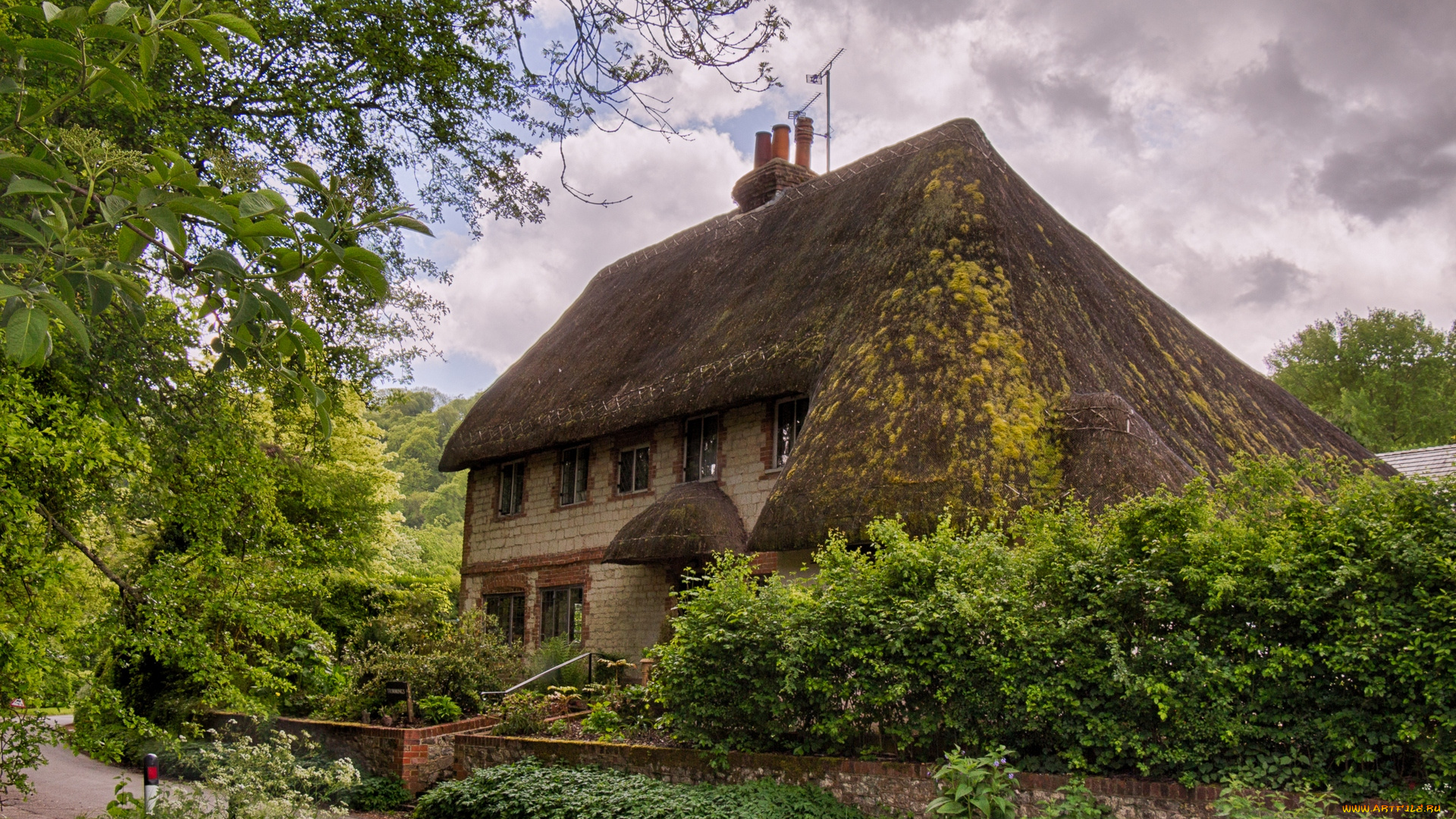 города, -, здания, , дома, цветы, облака, стена, деревья