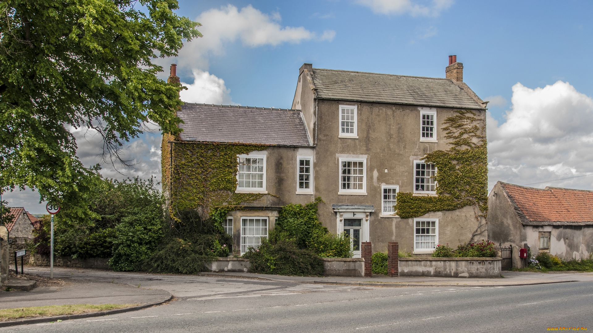 города, -, здания, , дома, облака, асфальт, деревья