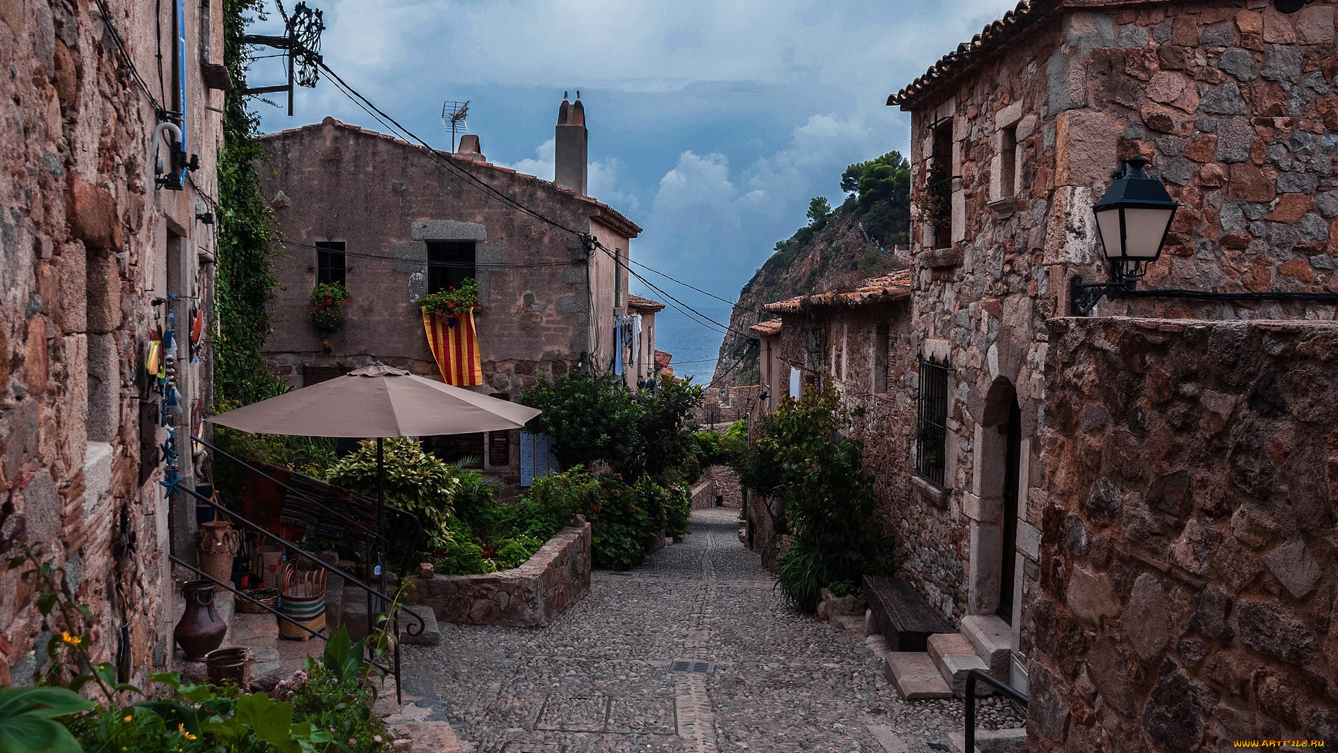 испания, города, -, улицы, , площади, , набережные, фонарь, кувшин, цветы, тент