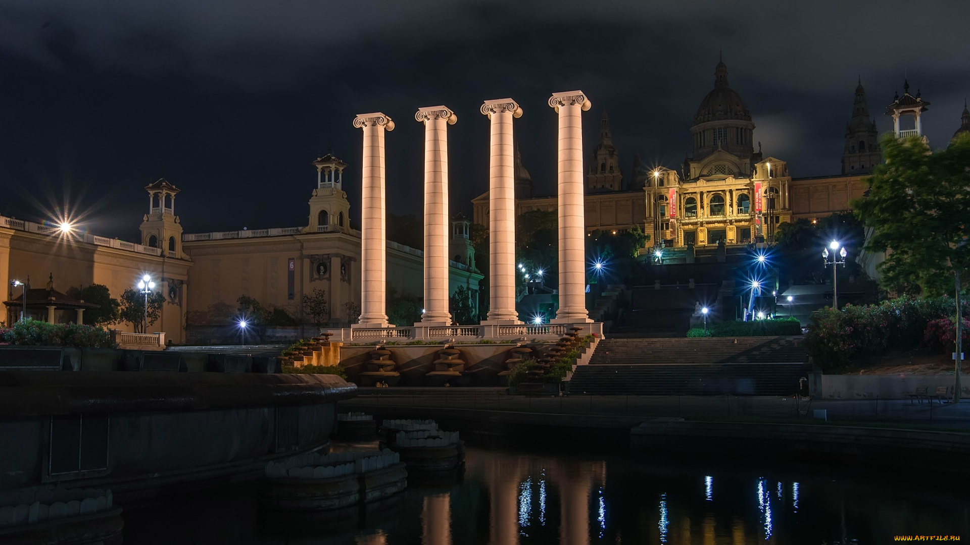 испания, города, барселона, , здания, море, фонари, колонны