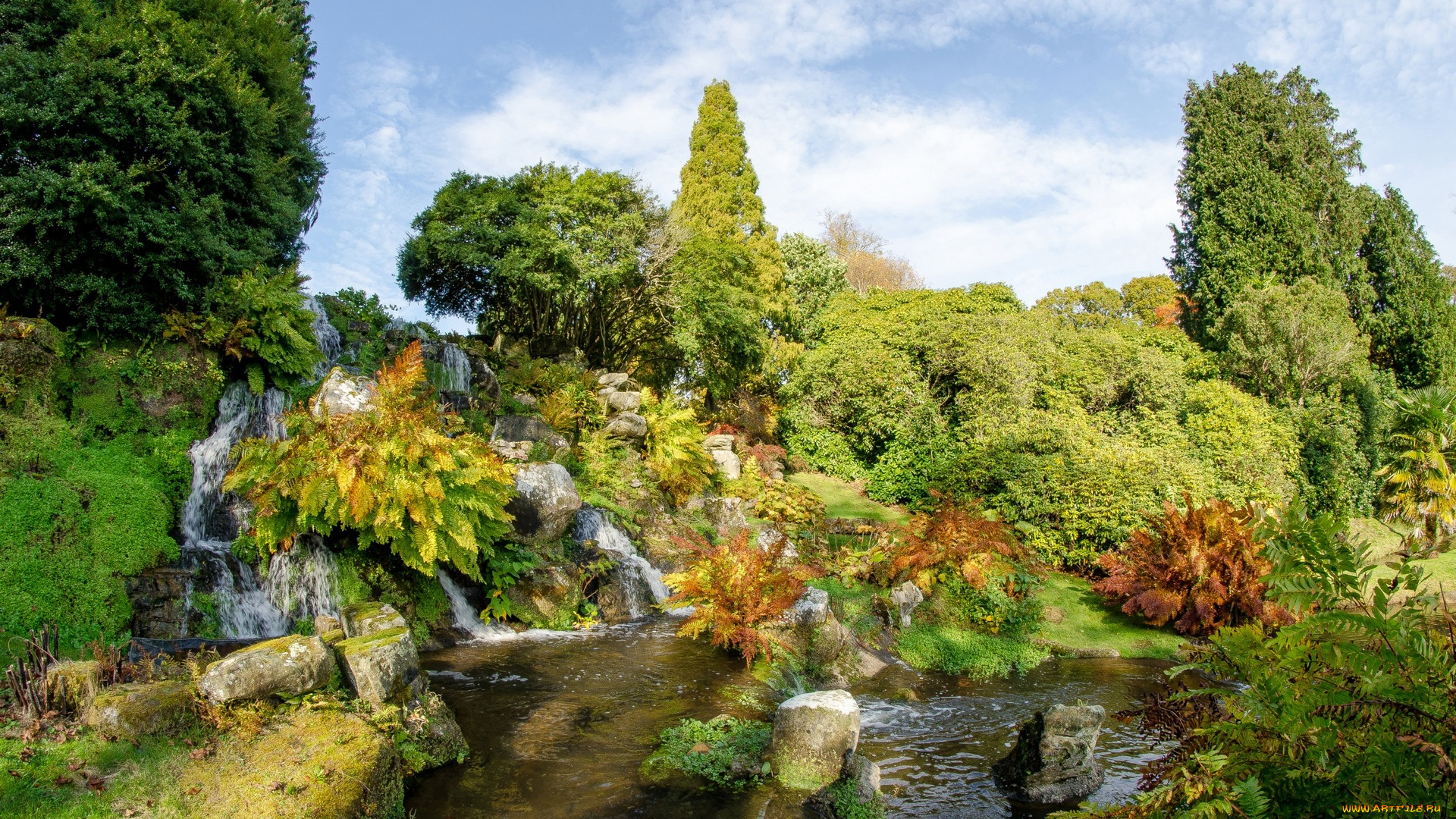 природа, водопады, камни, деревья, облака