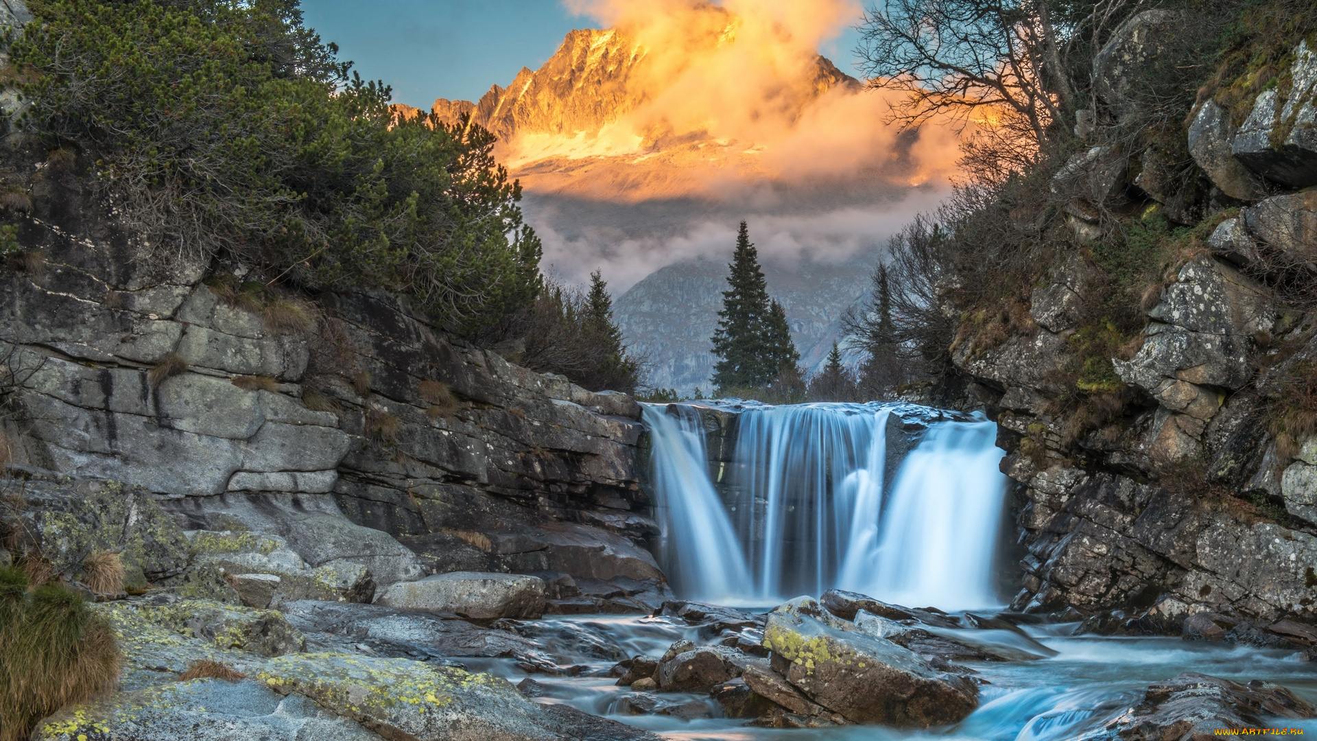 природа, водопады, облака, камни, растения, водоем