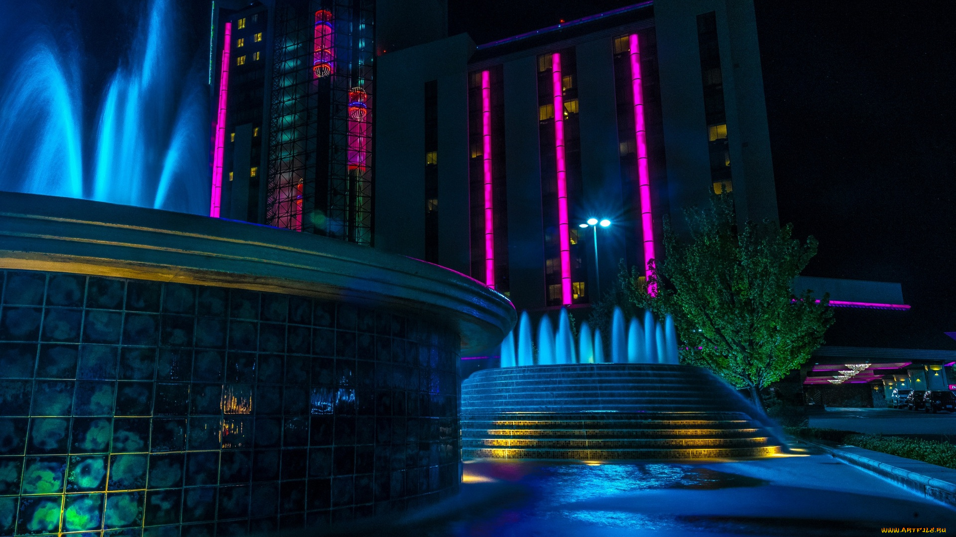 разное, иллюминация, подсветка, фонтан, здание