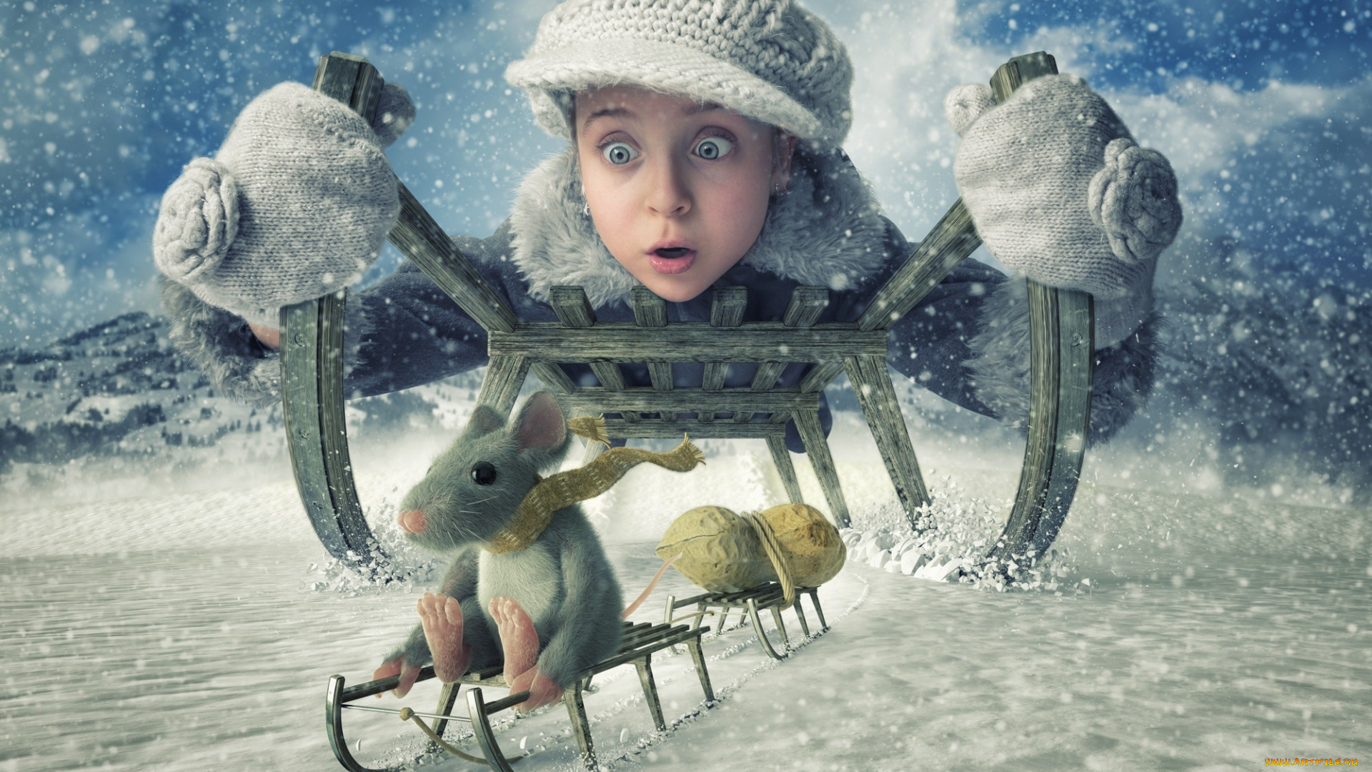 разное, компьютерный, дизайн, арахис, санки, зима, девочка, мышь, снег