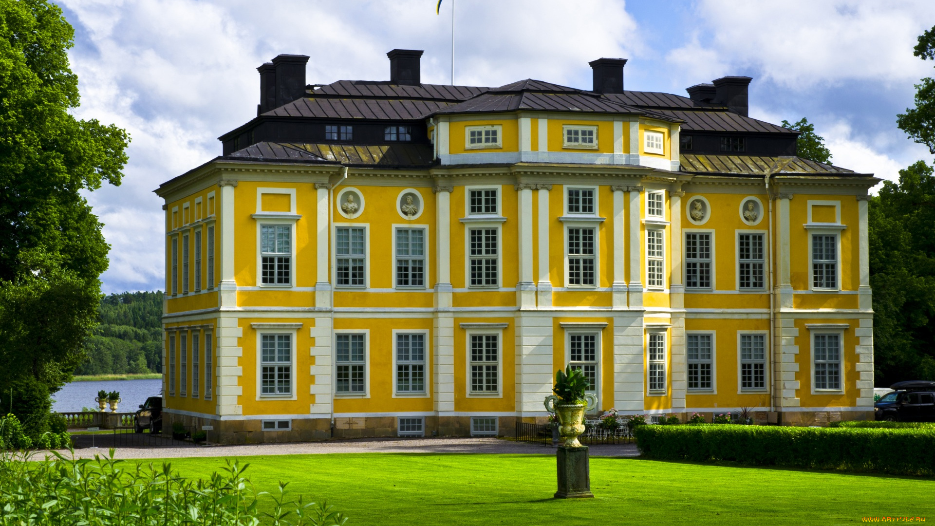 швеция, города, -, здания, , дома, скульптура, чаша, деревья, облака