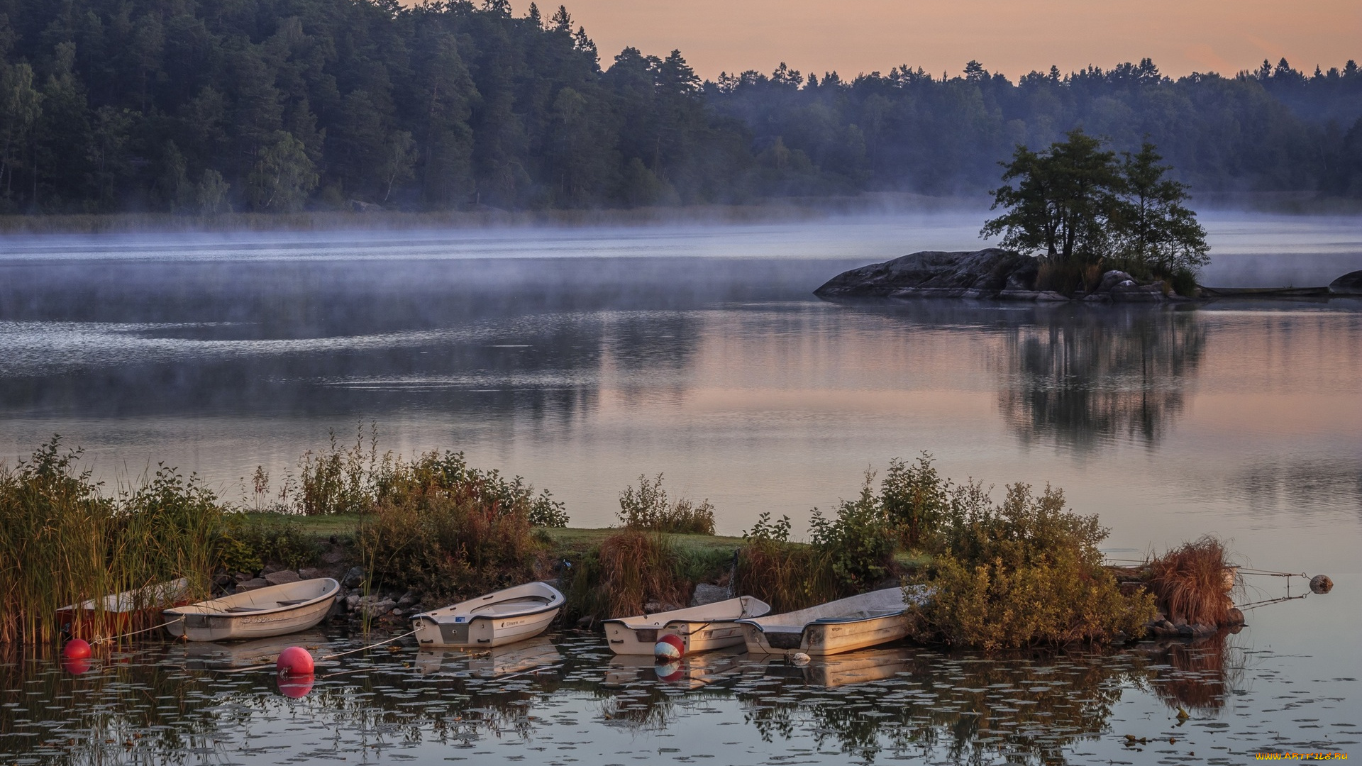 швеция, корабли, лодки, , шлюпки, водоем, камень, туман, деревья