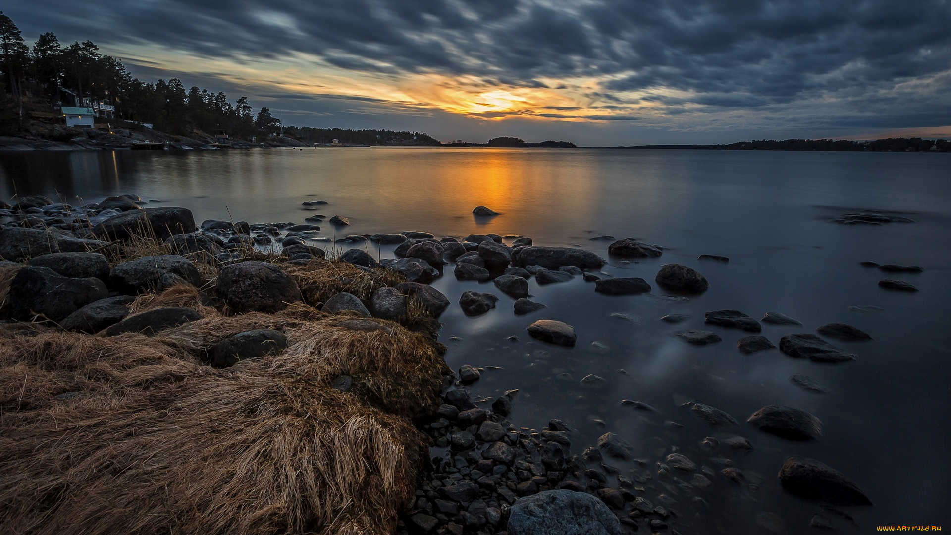 швеция, природа, восходы, закаты, облака, водоем, камни