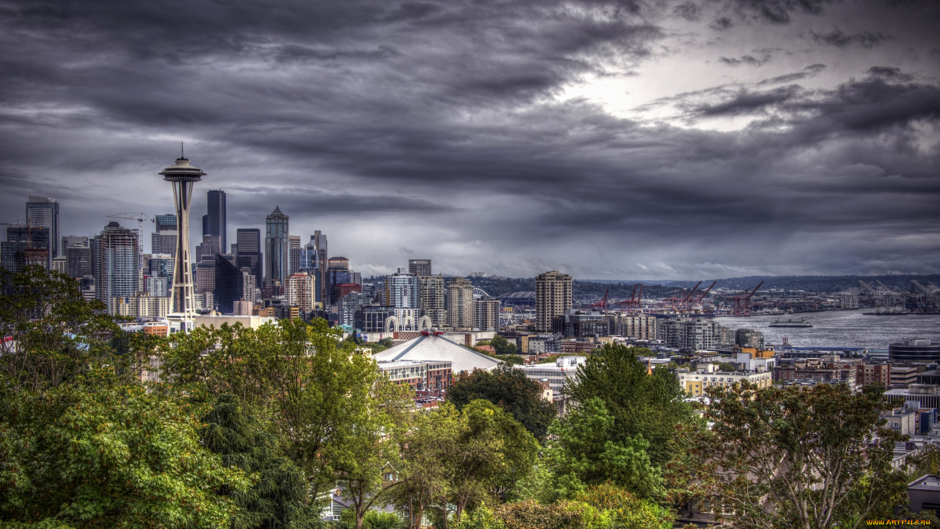 сиэтл, города, сиэтл, , сша, деревья, небоскребы, тучи