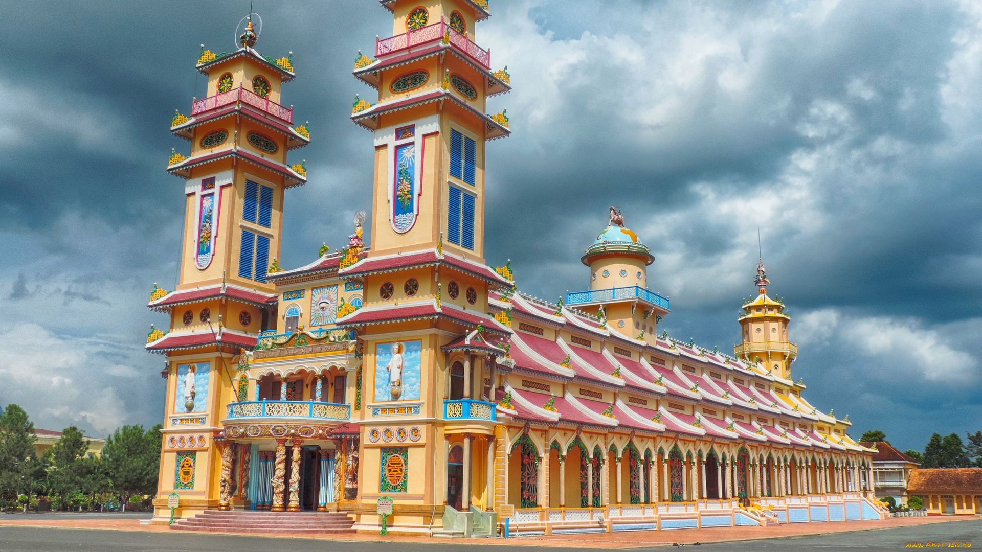 вьетнам, города, -, буддийские, и, другие, храмы, облака, асфальт, деревья