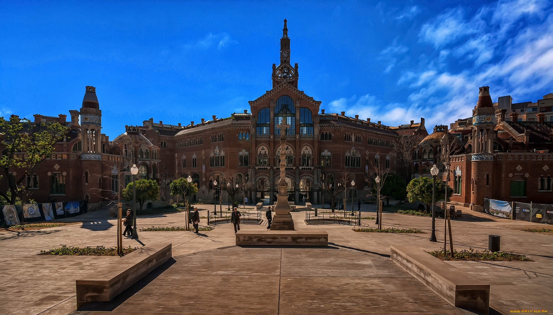 испания, города, барселона, , скамейка, фонари, здания, деревья