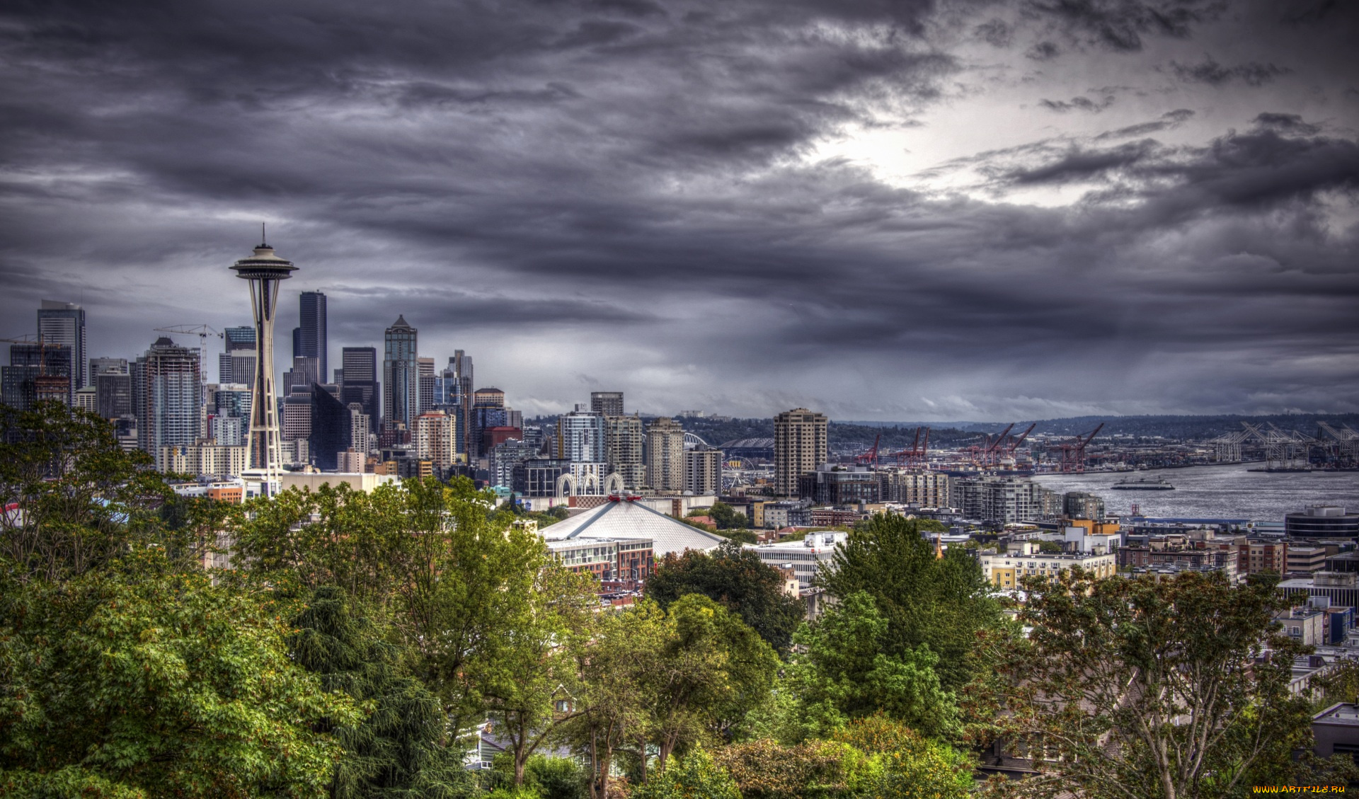 сиэтл, города, сиэтл, , сша, деревья, небоскребы, тучи