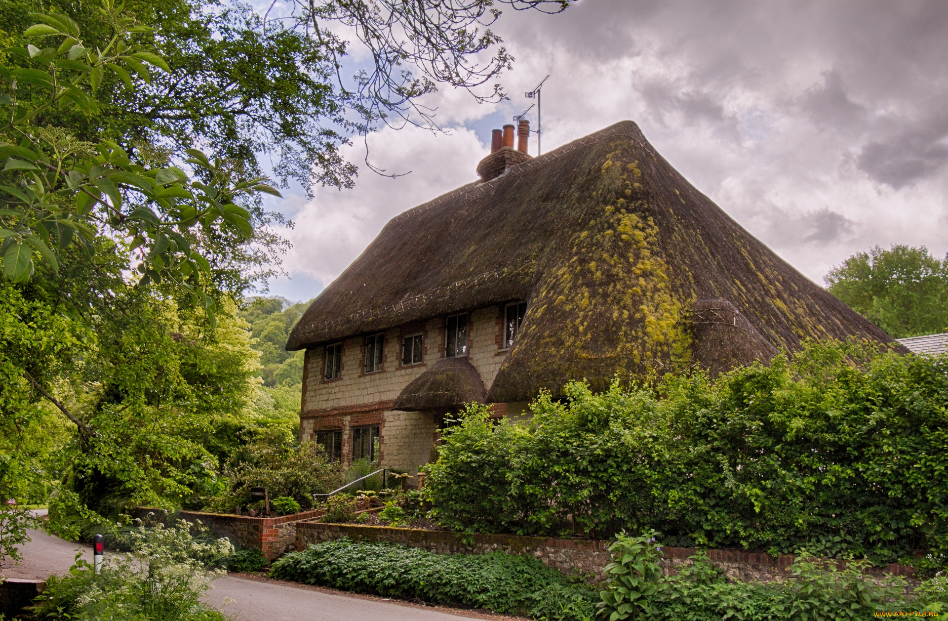 города, -, здания, , дома, цветы, облака, стена, деревья