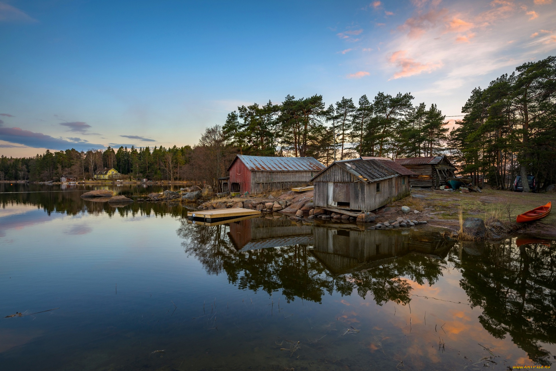 финляндия, города, -, пейзажи, деревья, лодка, постройки, водоем