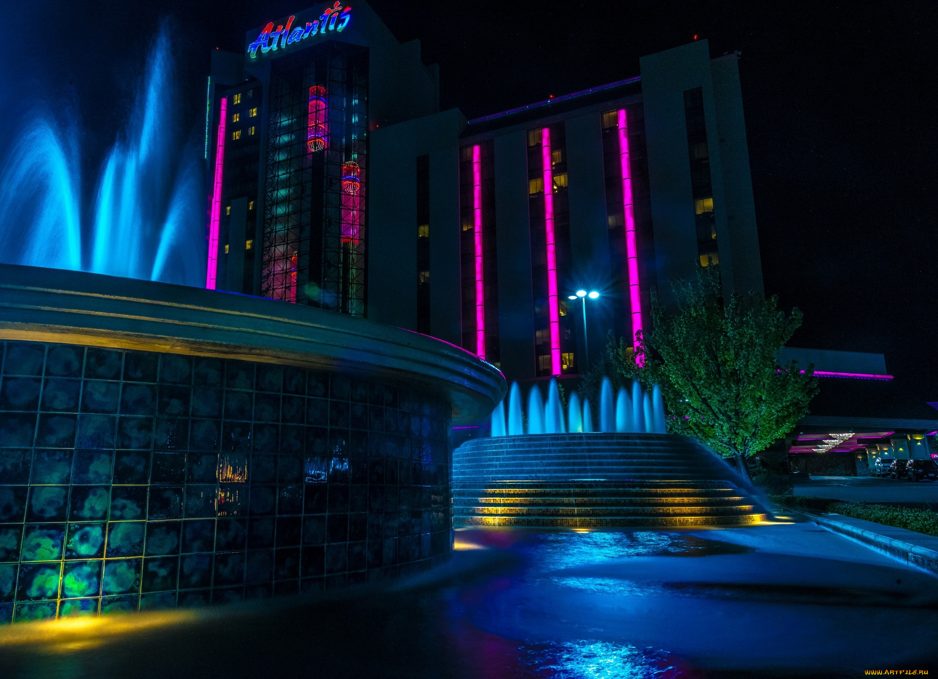 разное, иллюминация, подсветка, фонтан, здание