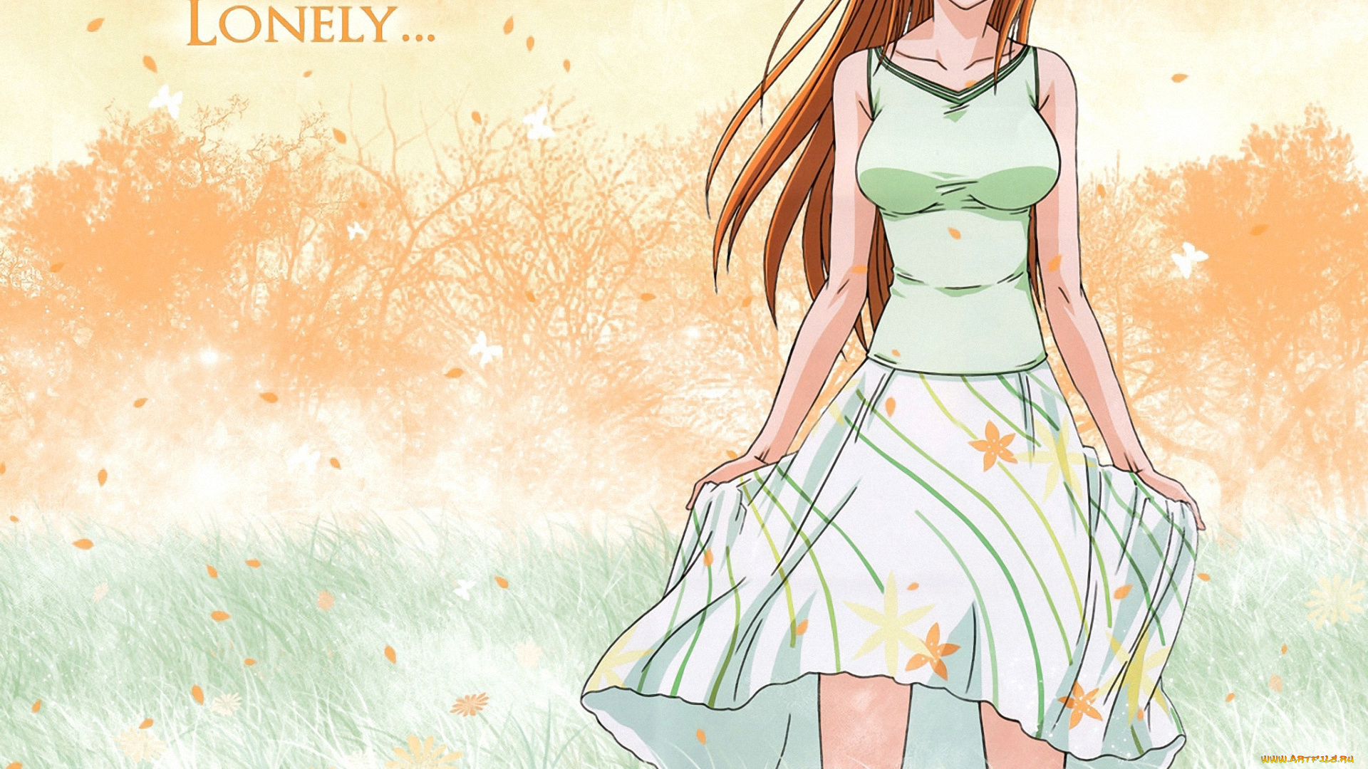 аниме, bleach, inoe, orichime, девушка, платье, поле