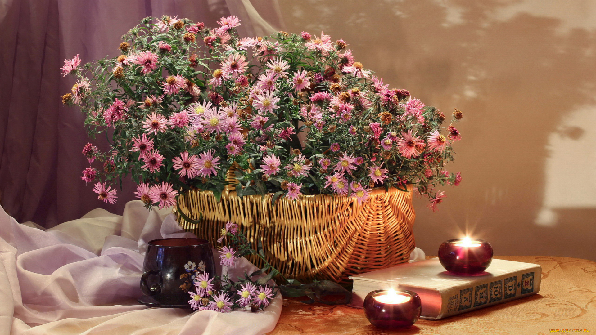 цветы, астры, корзинка, свечи, книга