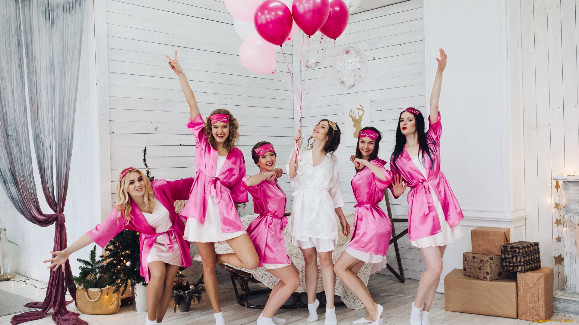 девушки, -, группа, девушек, модели, фотосессия, улыбки, шары, студия