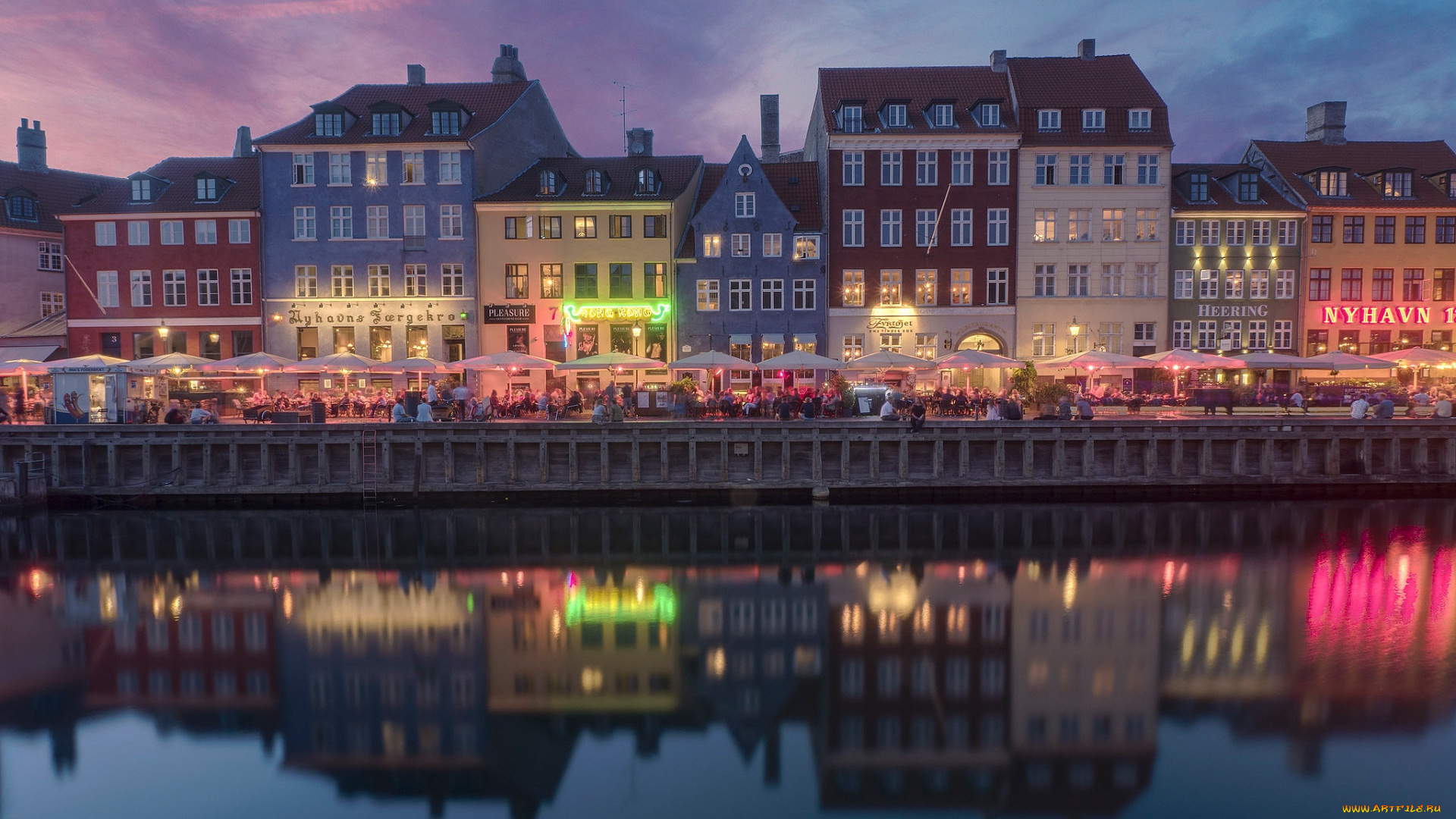 города, копенгаген, , дания, набережная, вечер, огни