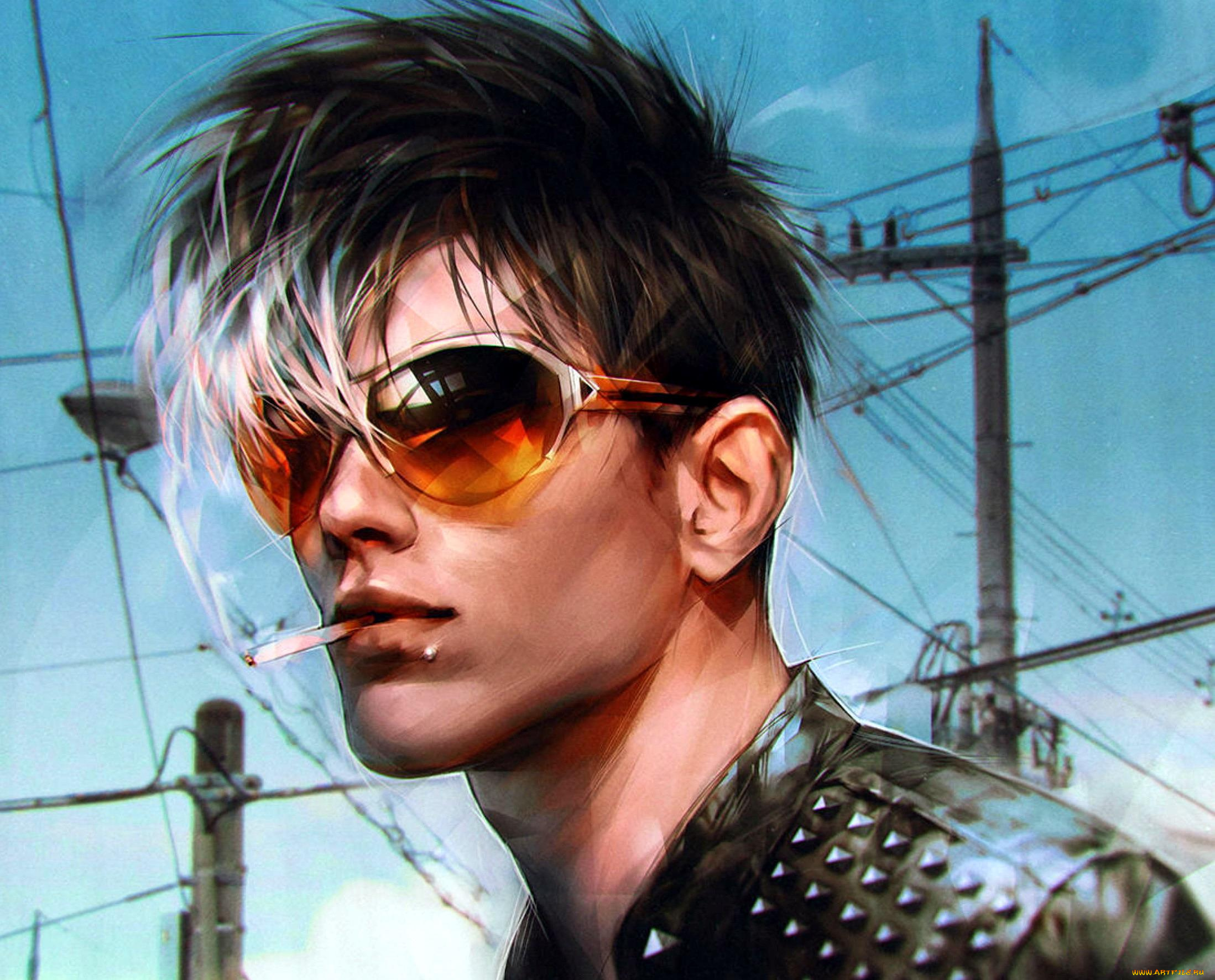 рисованное, valentina, remenar, парень, лицо, очки, сигарета, куртка, провода